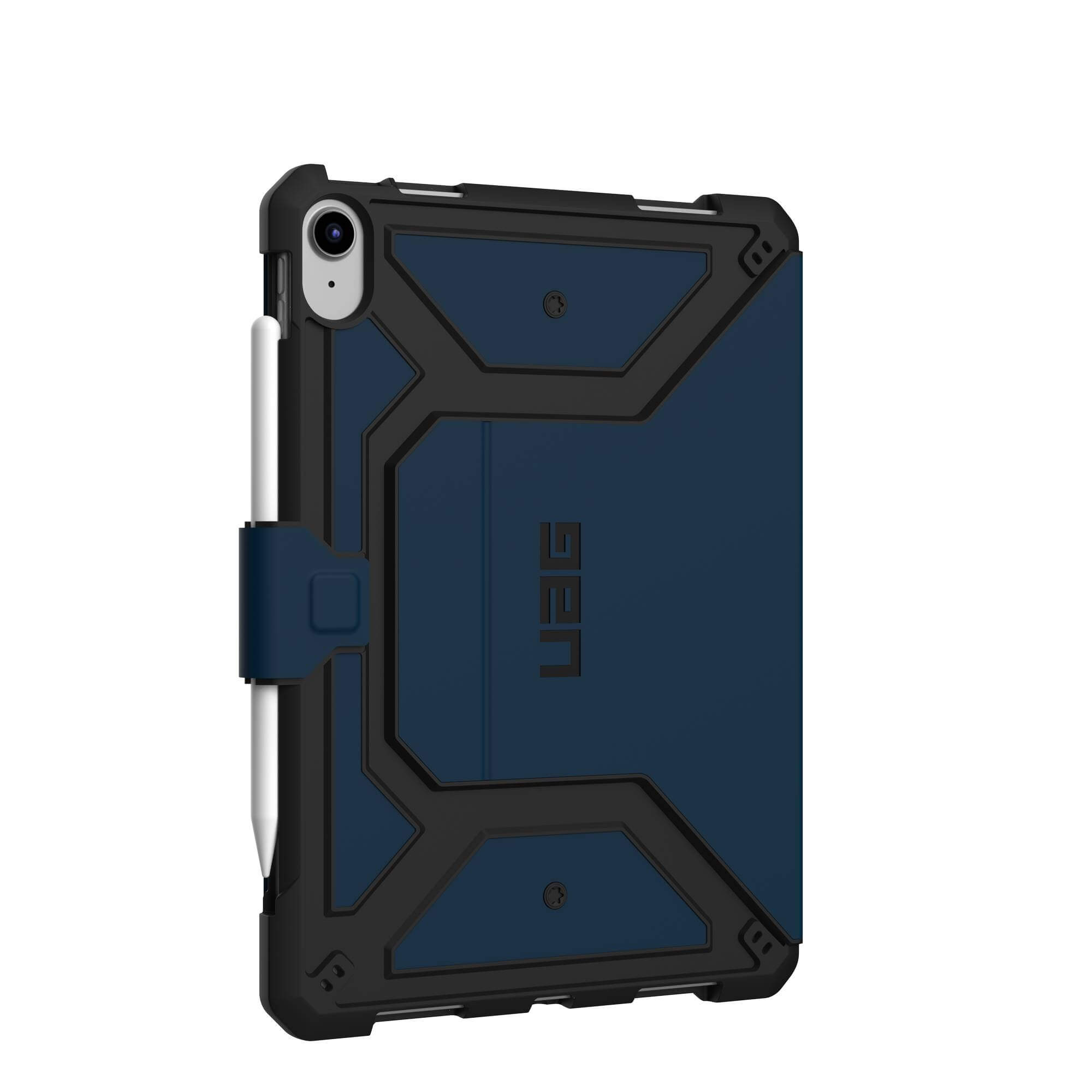 iPad w niebiesko-czarnym etui UAG z włożonym rysikiem.