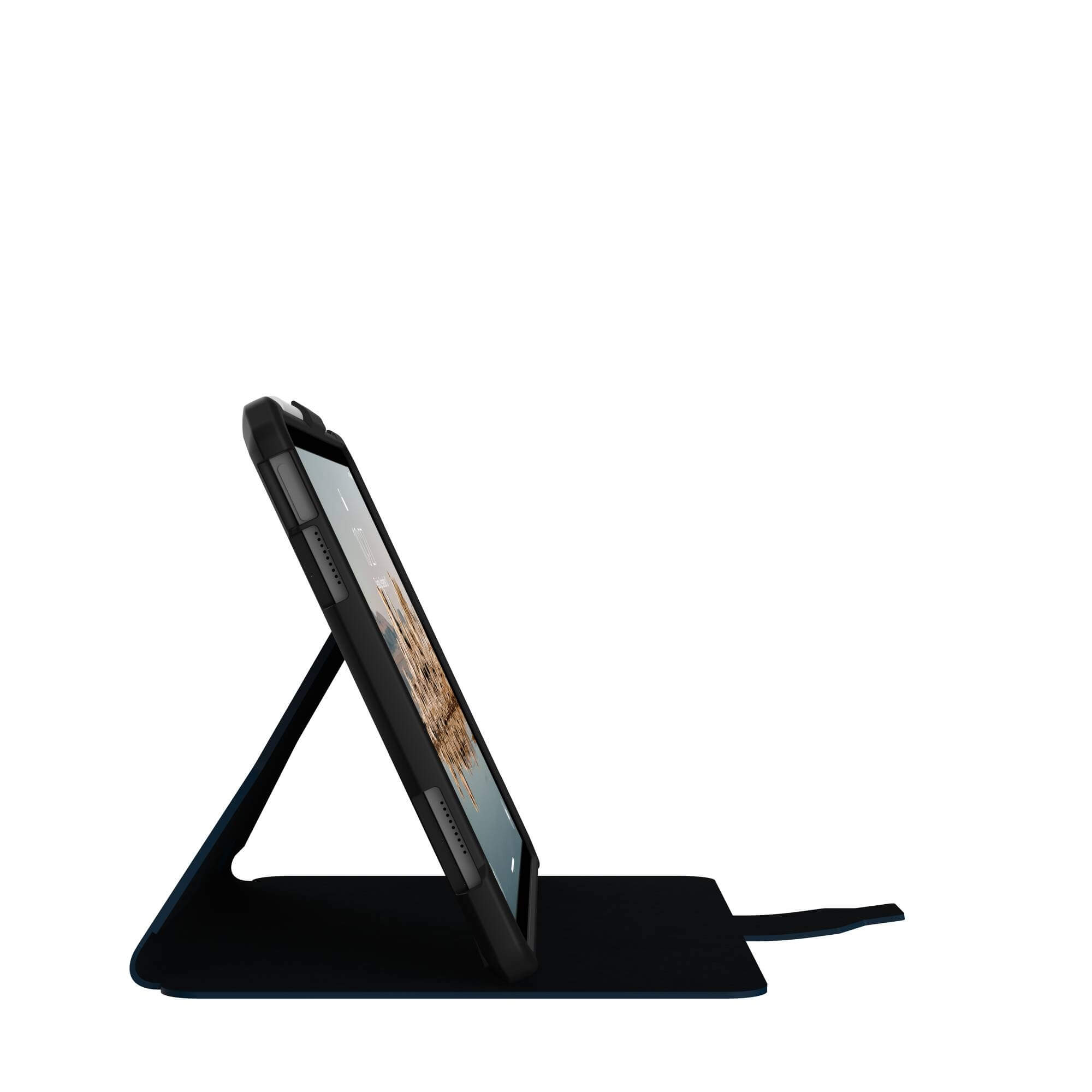 Tablet z podstawką, otwarty, na białym tle, pokazujący ekran.