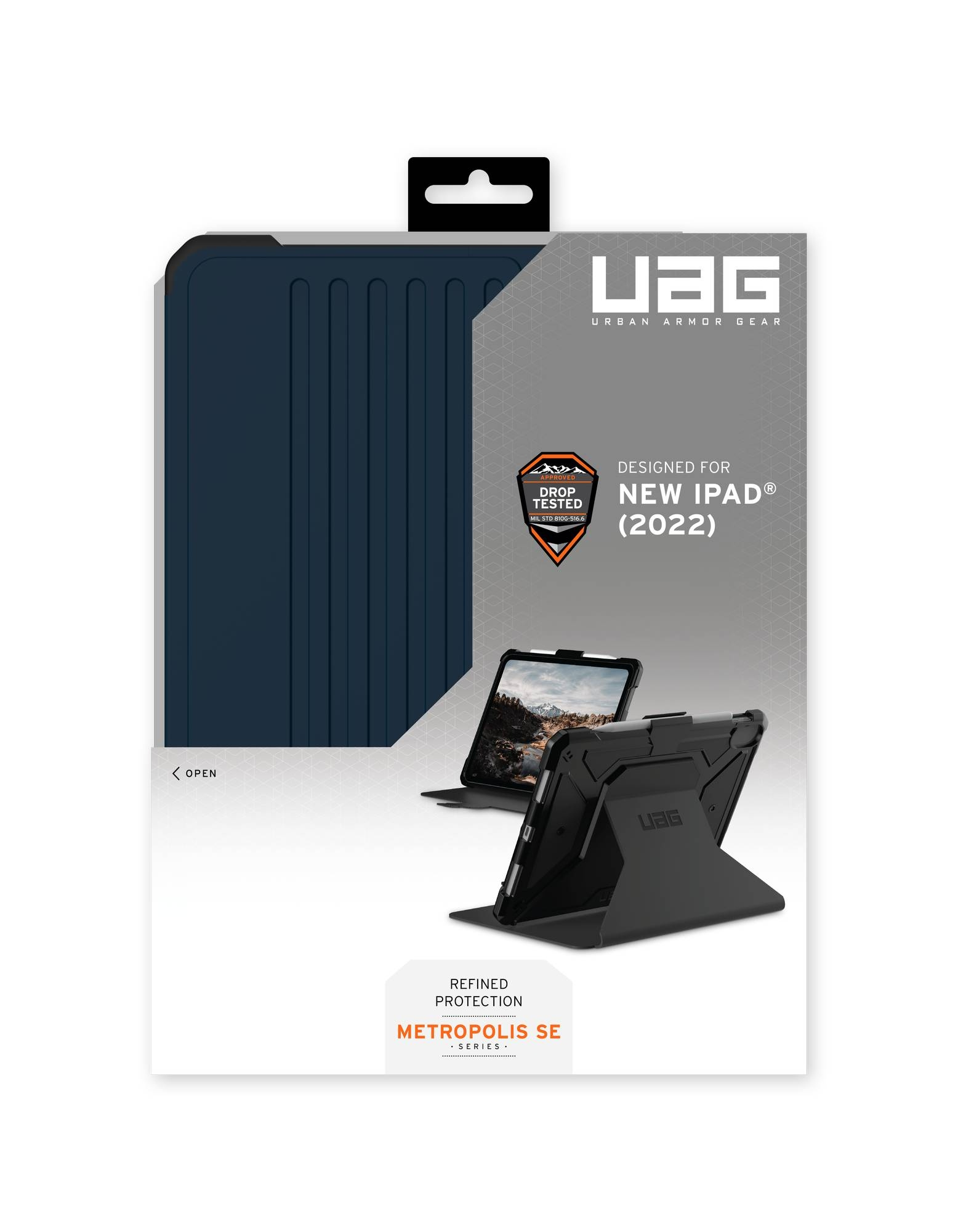 Opakowanie etui na tablet UAG. Pokazano niebieskie etui i tablet w użyciu. Białe tło.