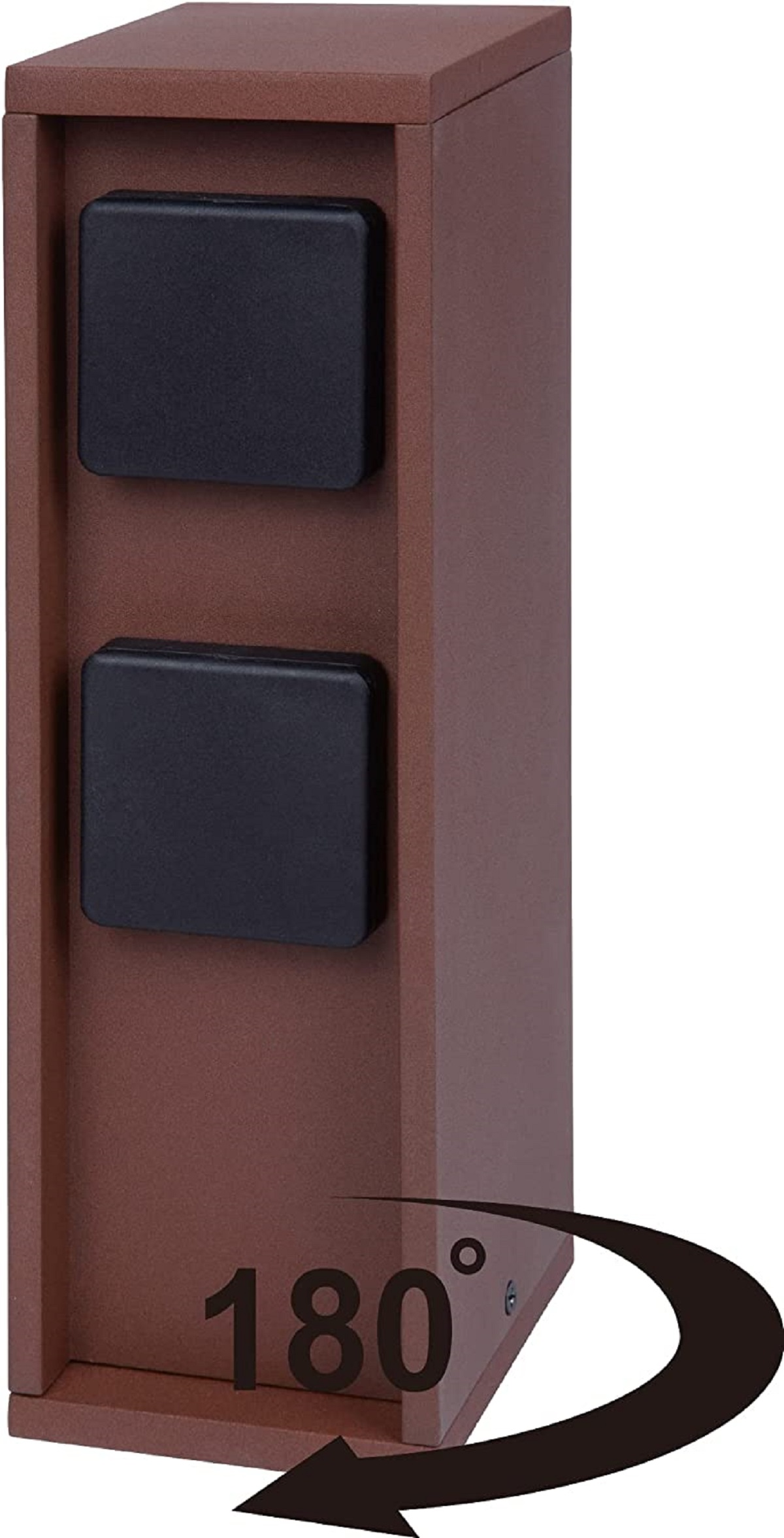 Brauner, rechteckiger Schrank mit zwei schwarzen Quadraten und einem 180-Grad-Pfeil.