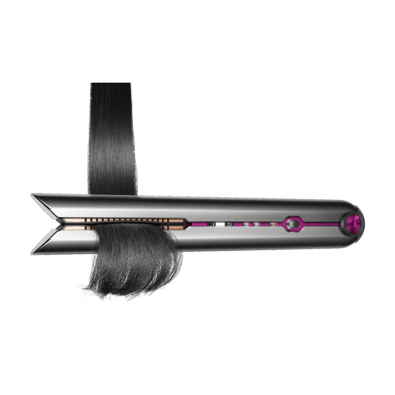 Prostownica do włosów z przechodzącymi przez nią włosami i fioletowym przyciskiem.