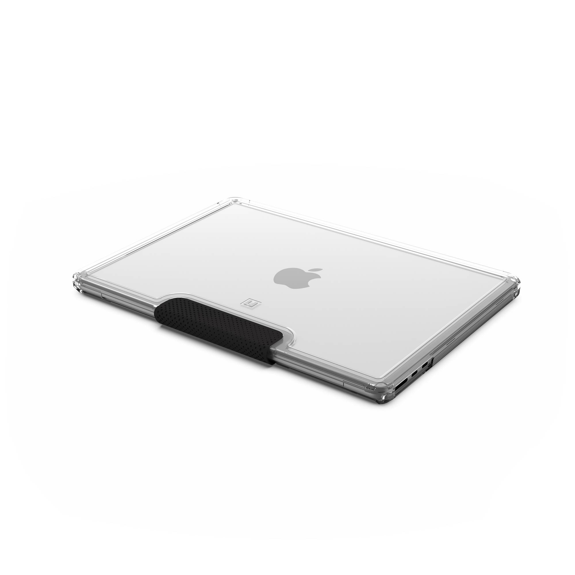 Przezroczyste etui na laptopa z logo Apple. Czarna podpórka pod nadgarstki. Białe tło.