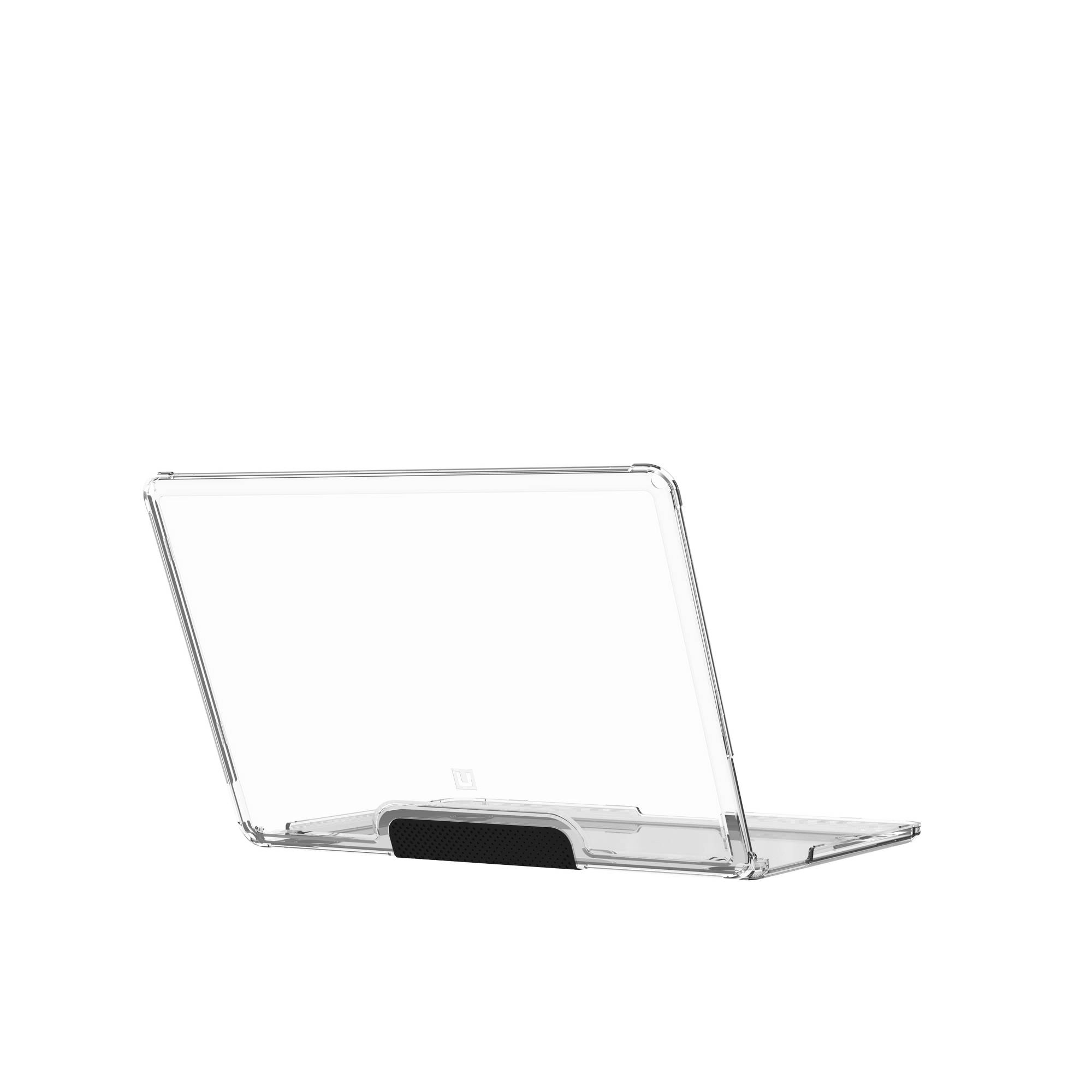 Przezroczyste etui na laptopa, otwarte pod kątem, czarny zawias, białe tło.