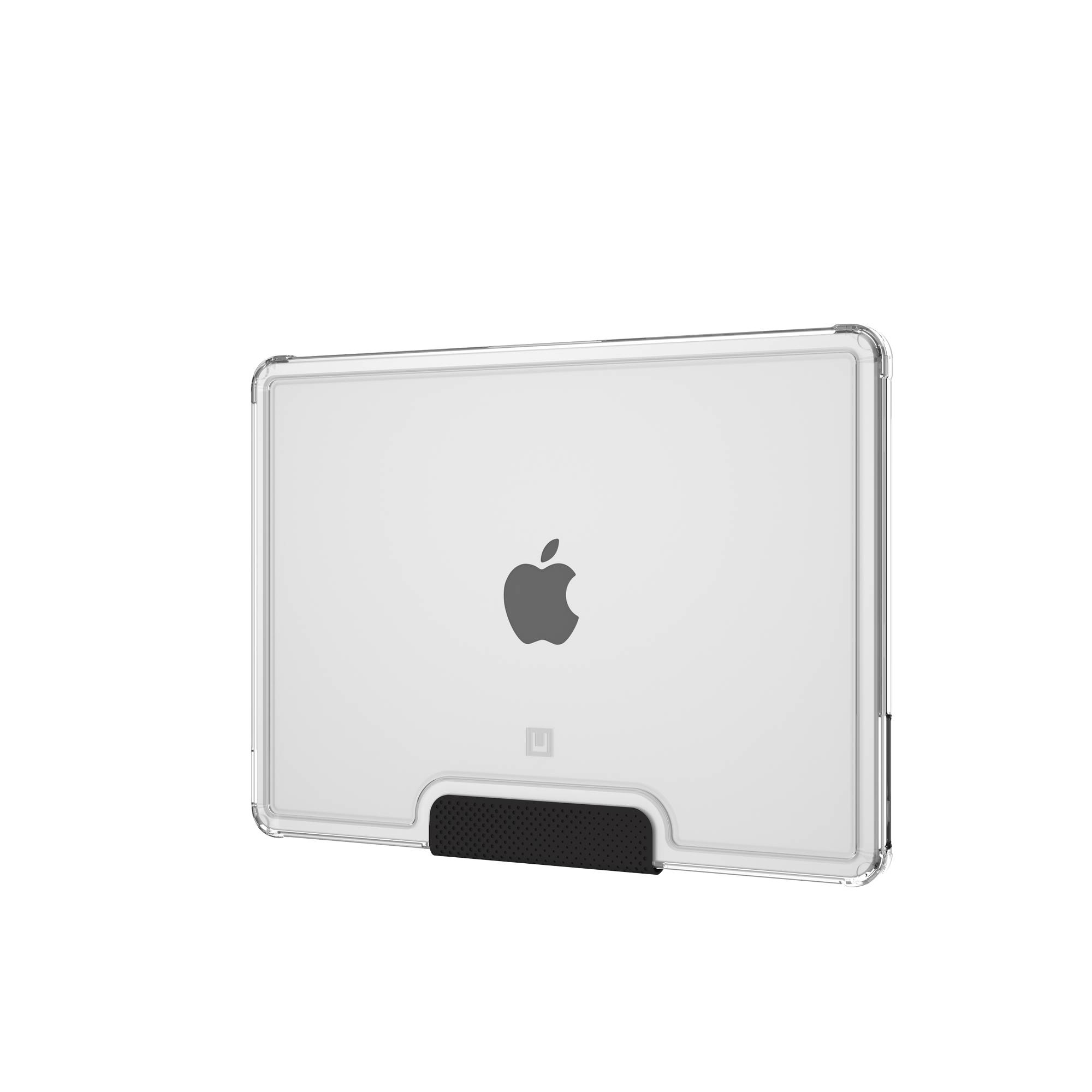 Przezroczyste etui na laptopa z widocznym logo Apple, na białym tle.