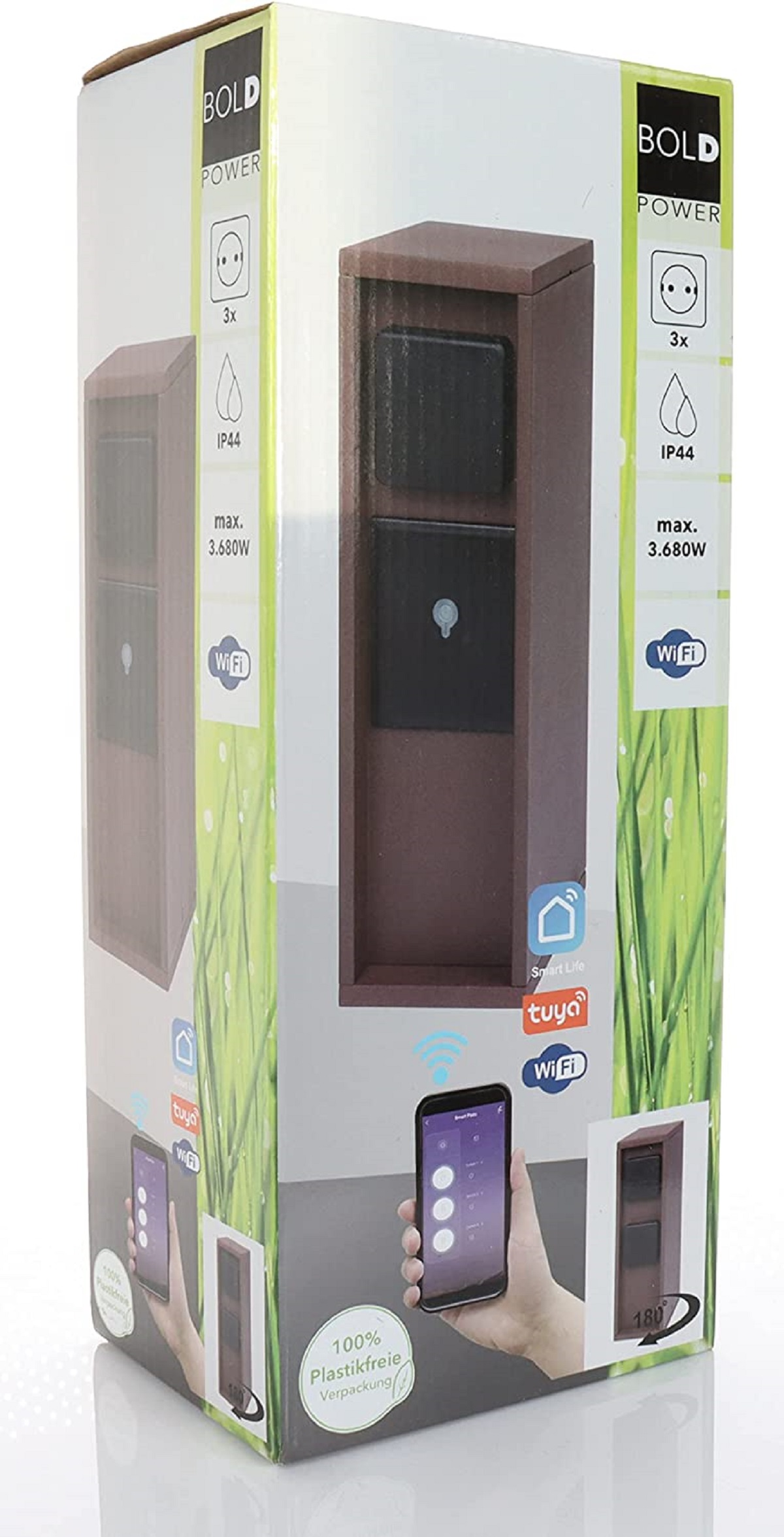 Kasten mit brauner Steckdose. Es hat WLAN- und Smart-Home-Logos. Ein Telefon zeigt die Steckdose.