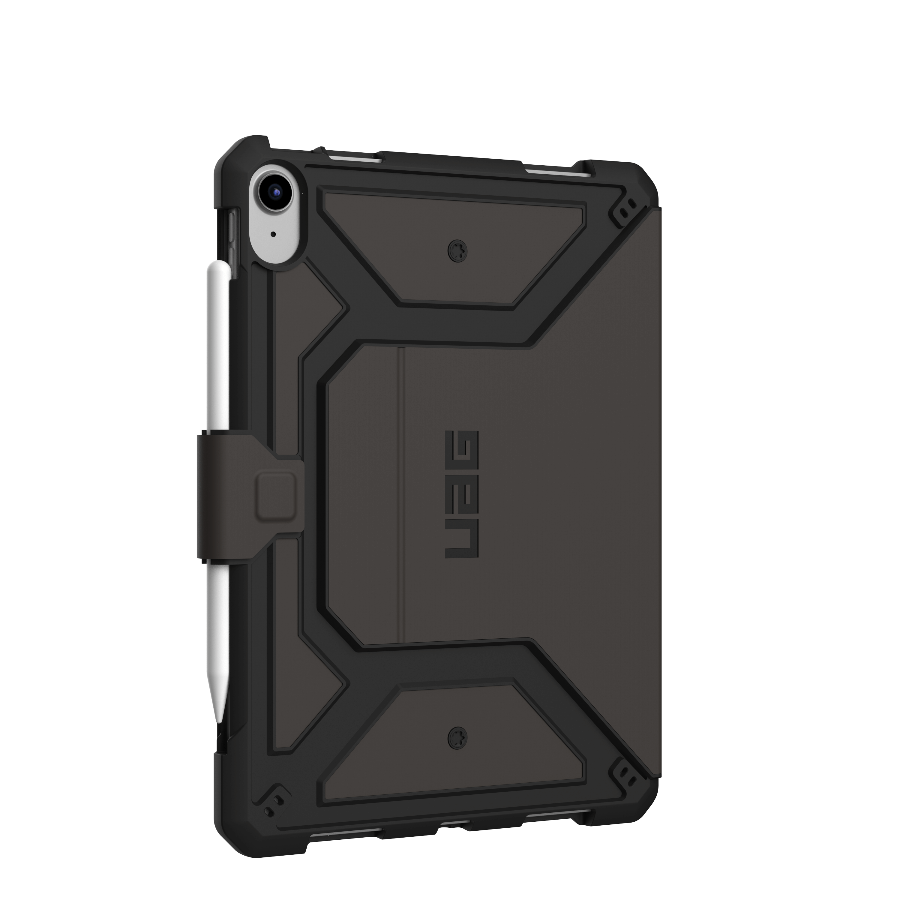 Etui na tablet z piórem, na czarnym tle. Etui jest czarne.
