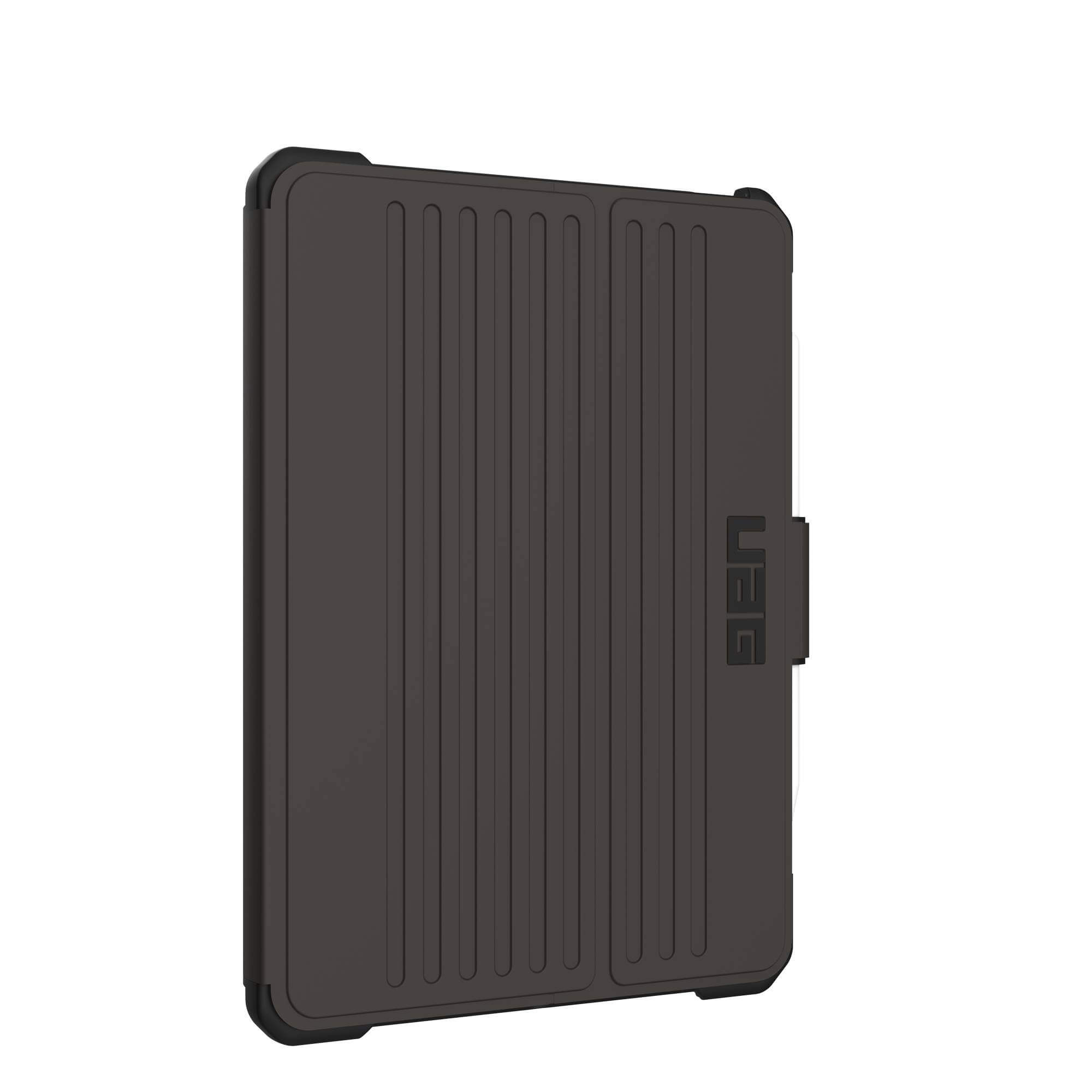 Ciemnobrązowe etui na tablet z żebrowaną teksturą, zamknięte, z logo UAG.