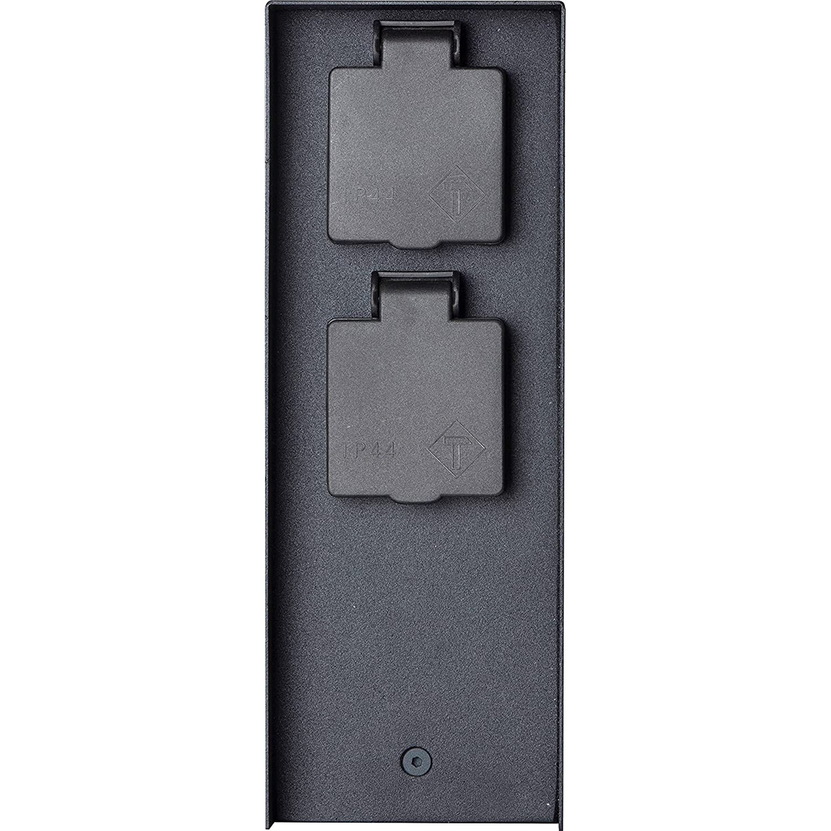 Zwei schwarze Steckdosen mit Abdeckungen in einem Metallrahmen. Die Steckdosen haben Pfeilsymbole.