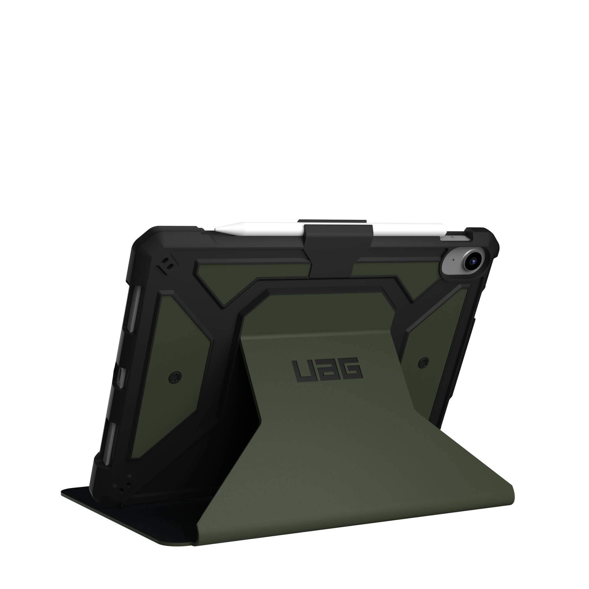 Zielone etui na tablet ze stojakiem. Logo UAG jest widoczne na stojaku. Etui znajduje się na białej powierzchni.