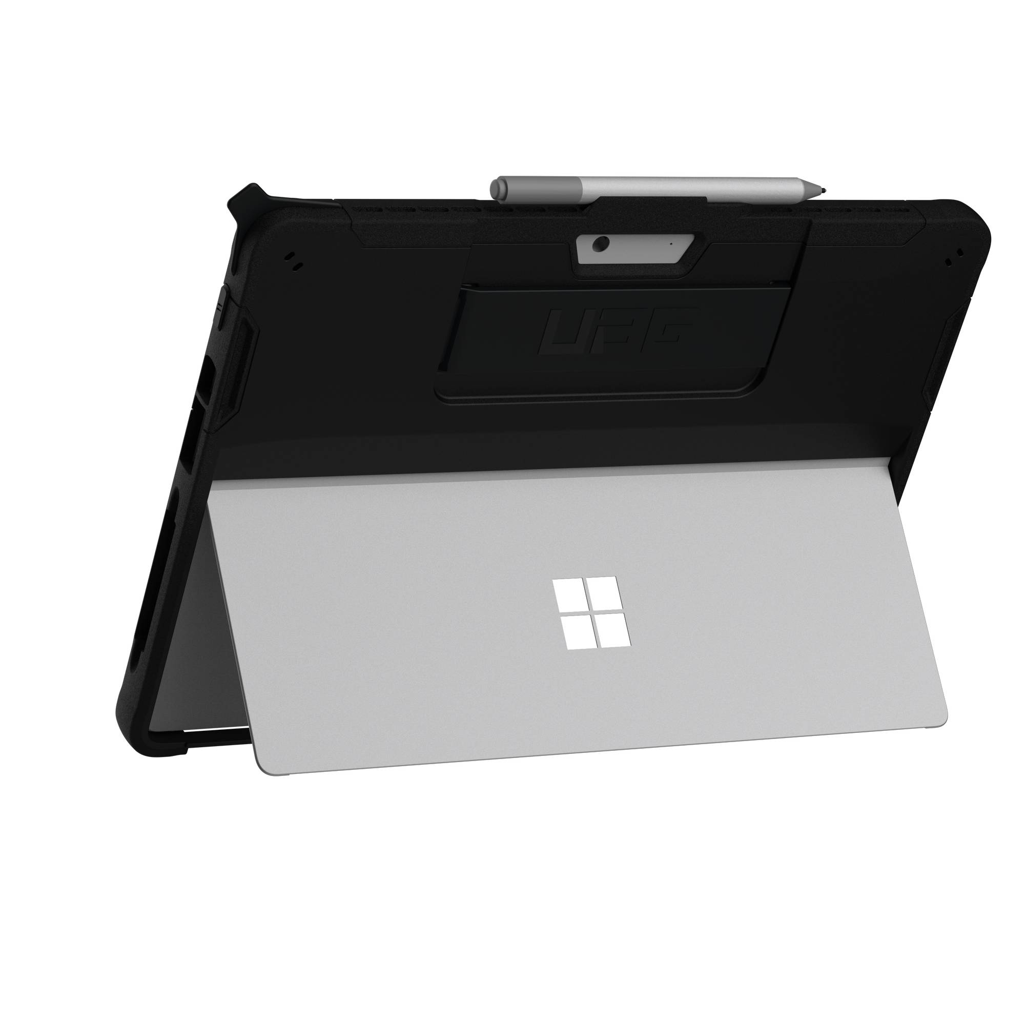 Eine schwarze Tablethülle mit Ständer und einem silbernen Tablet. Ein Stift liegt obenauf.