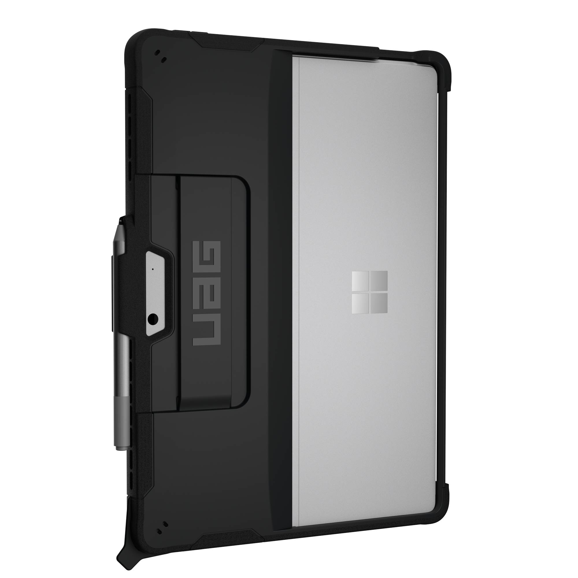 Laptop in einem schwarzen UAG-Gehäuse mit Stifthalter. Das Gehäuse hat einen grauen Stift und einen schwarzen Rahmen.