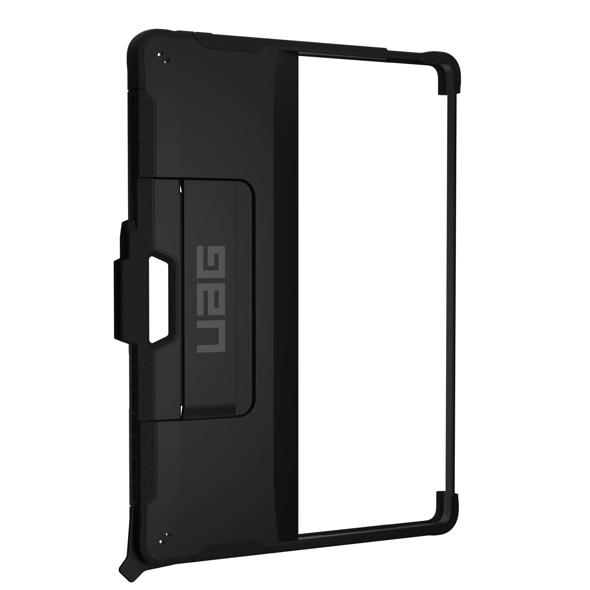 Schwarze Tablet-Hülle mit UAG-Logo und Ständer.