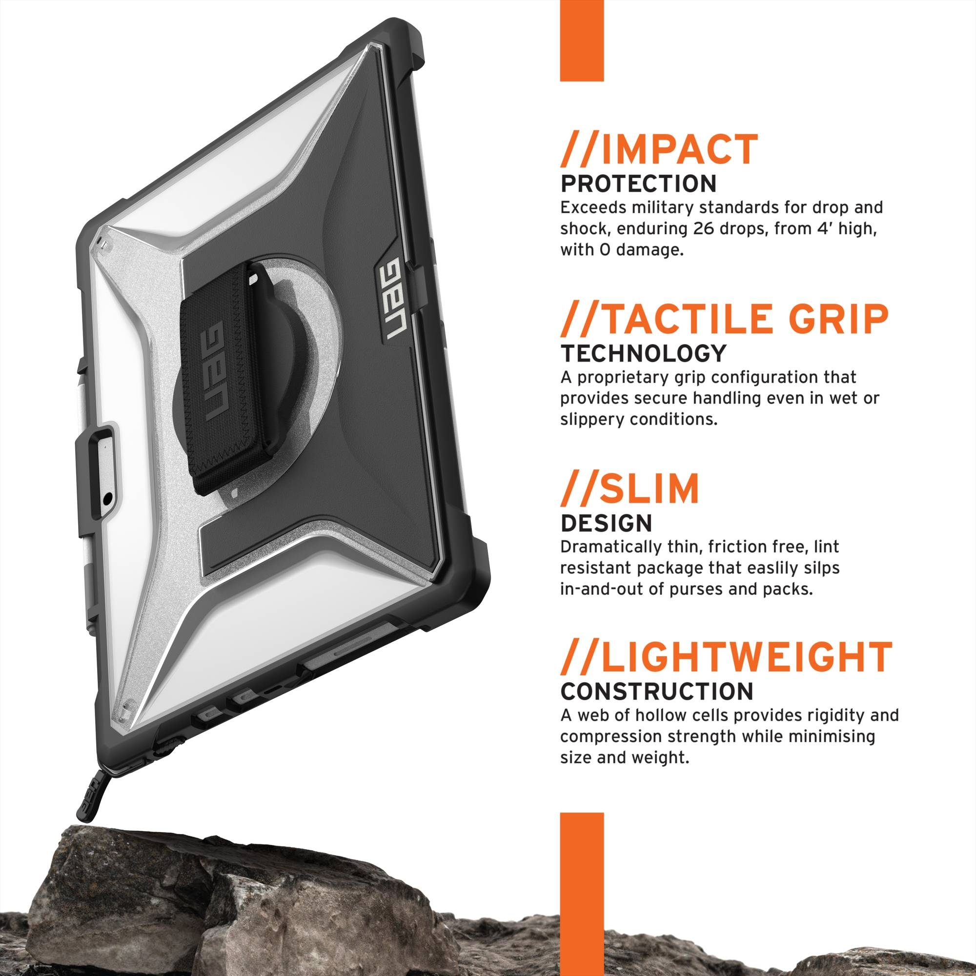 Eine UAG-Tablettasche auf felsigem Boden mit Text über Aufprallschutz.