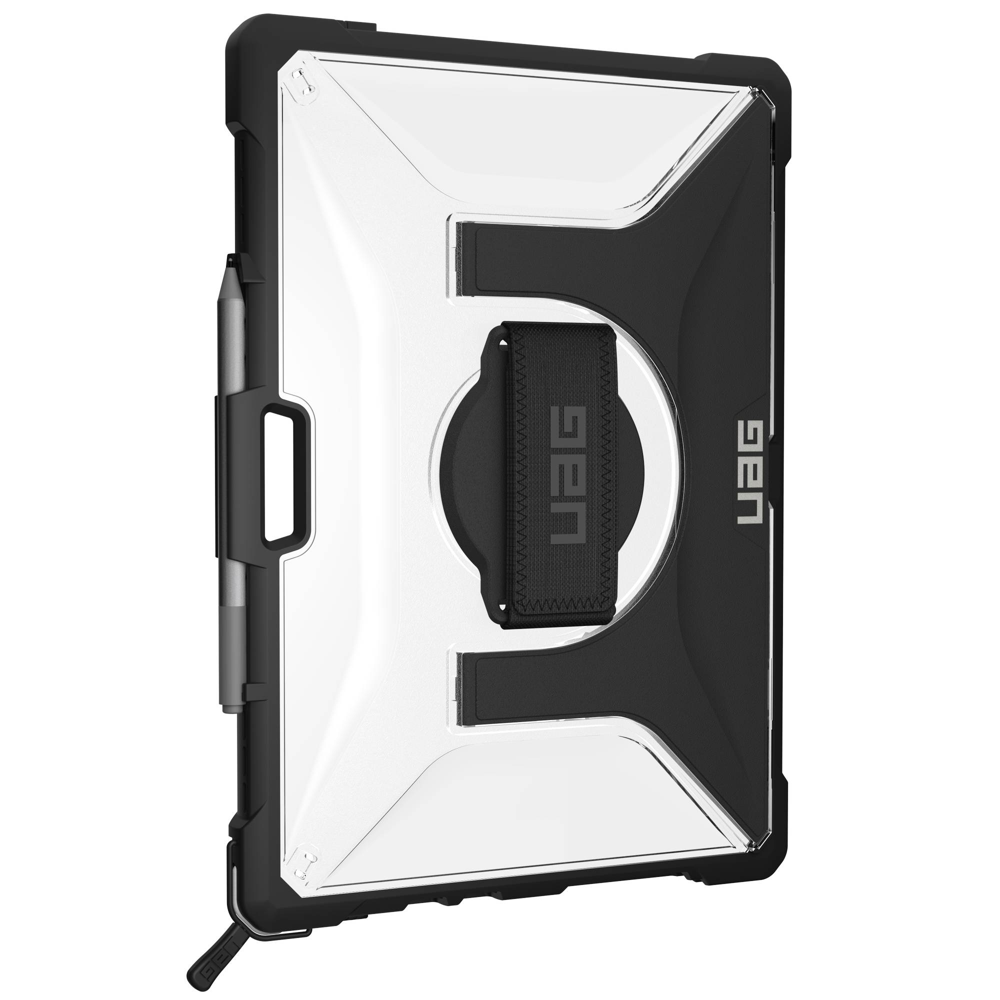Schützende Tablethülle mit transparentem Cover und schwarzen Akzenten, mit Stift.