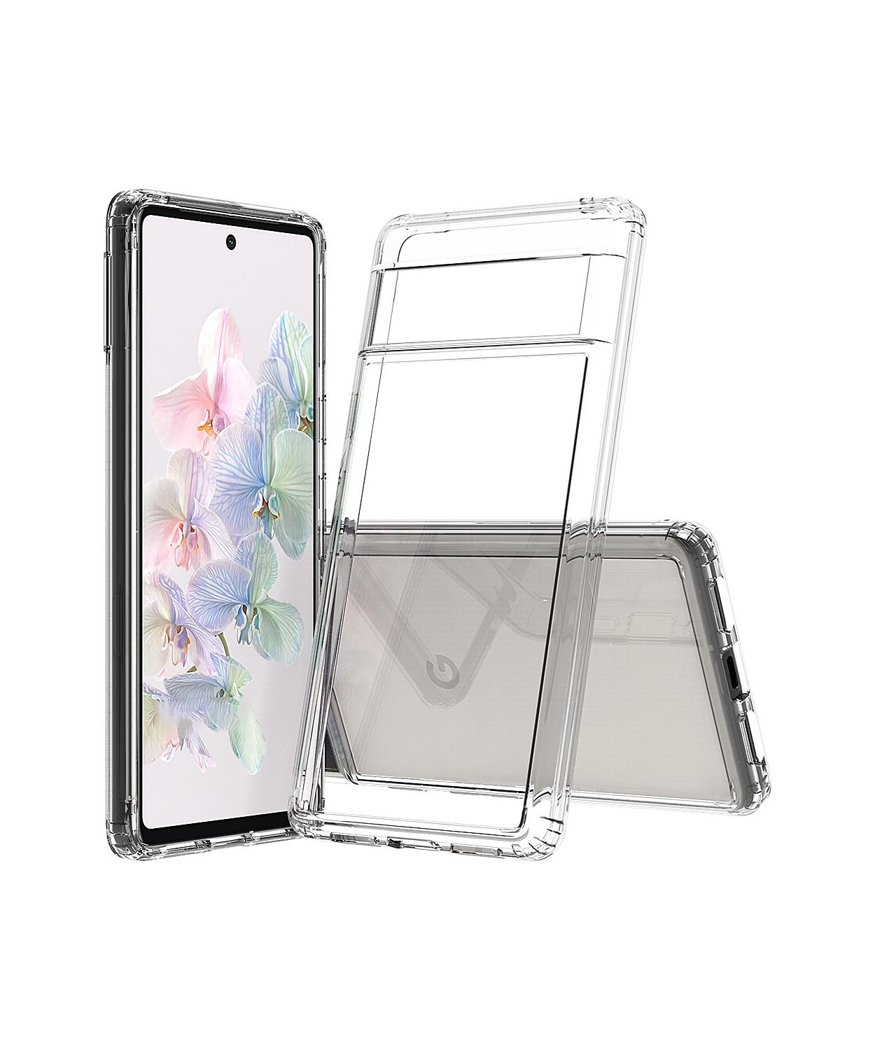 Custodia trasparente per telefono con telefono all'interno, che mostra fotocamera e schermo.