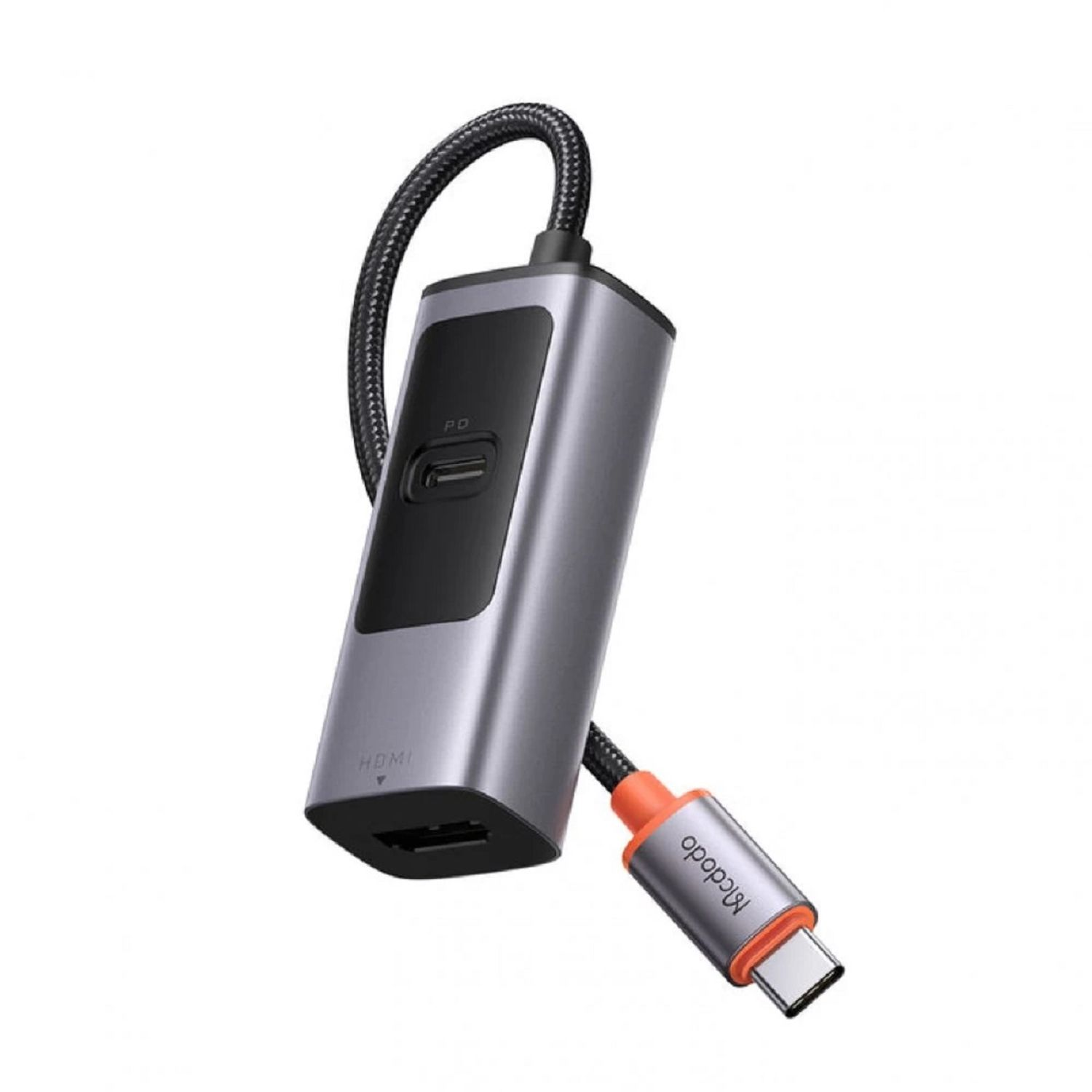 Silberner und grauer USB-C-Adapter mit einem orangefarbenen USB-C-Anschluss. Weißer Hintergrund.