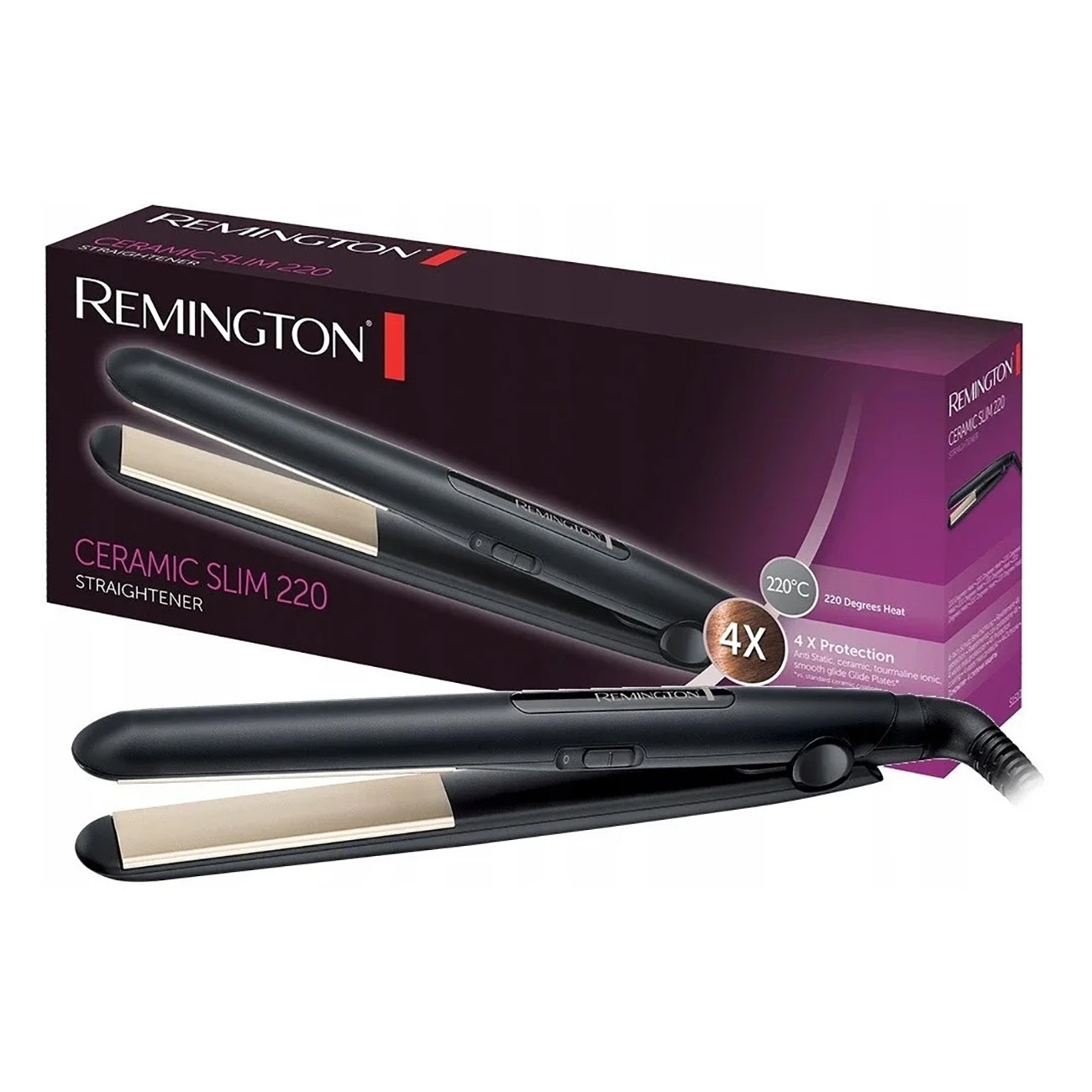 Prostownica do włosów z czarnymi płytkami, pudełko pokazuje markę, ustawienia ciepła i nazwę produktu.