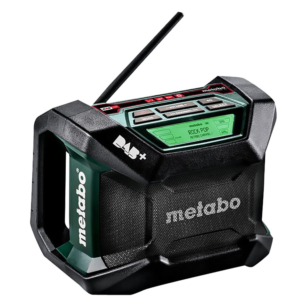 Czarno-zielone radio Metabo DAB+ z przyciskami, ekranem i anteną.