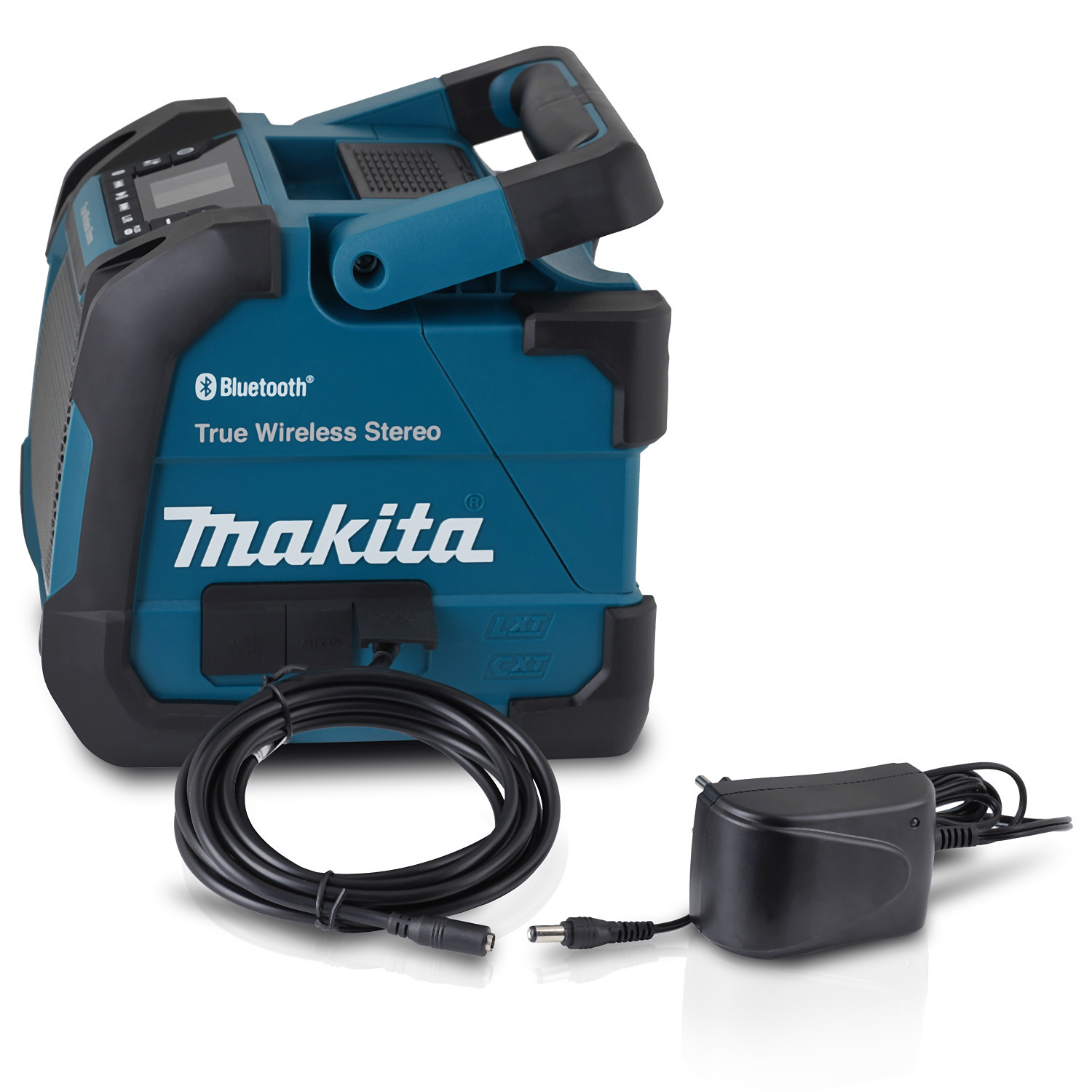 Türkisfarbenes Makita Bluetooth-Radio mit schwarzem Kabel und schwarzem Netzteil.