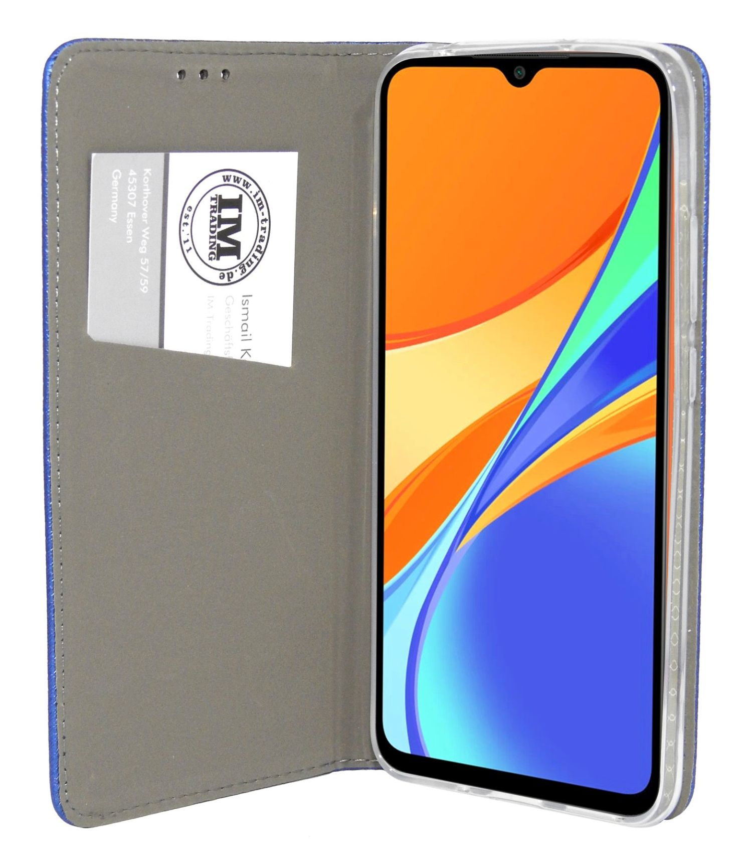 Custodia blu per telefono aperta, con un telefono che mostra uno schermo arancione e blu.