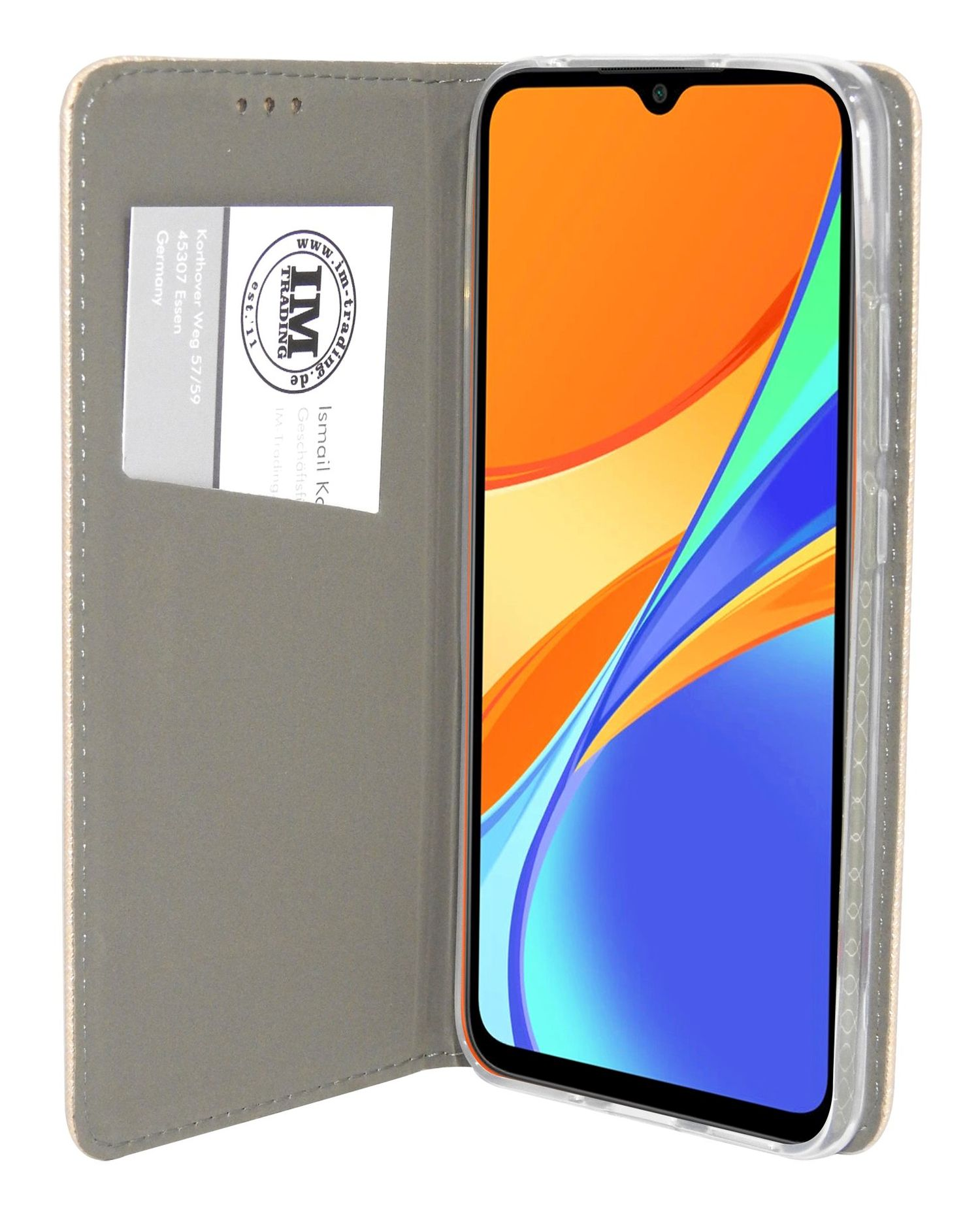 Telefono all'interno di una custodia. Custodia aperta con telefono e carta. Lo schermo del telefono è arancione.
