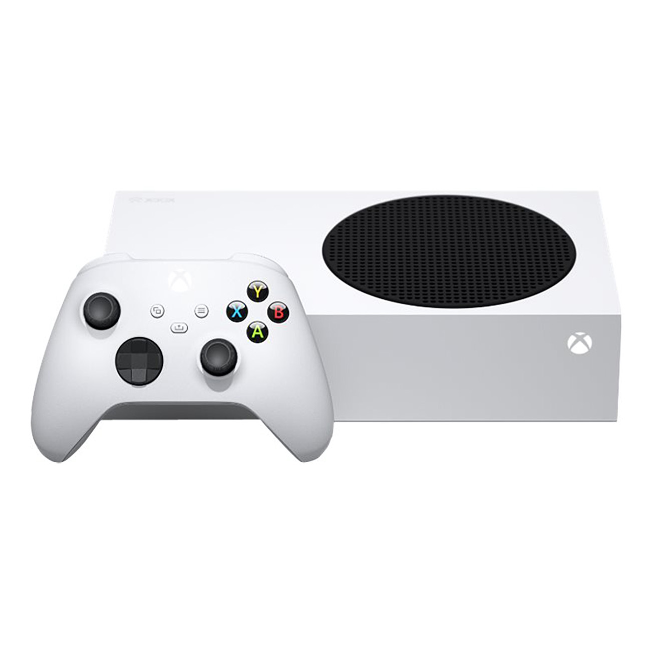 Witte Xbox Series S console met witte controller op wit oppervlak.