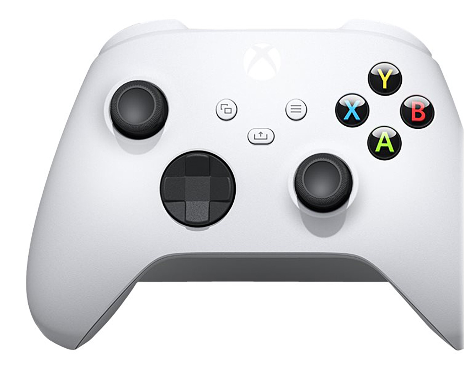 Witte Xbox-controller met zwarte joysticks, gekleurde knoppen en diverse functieknoppen.