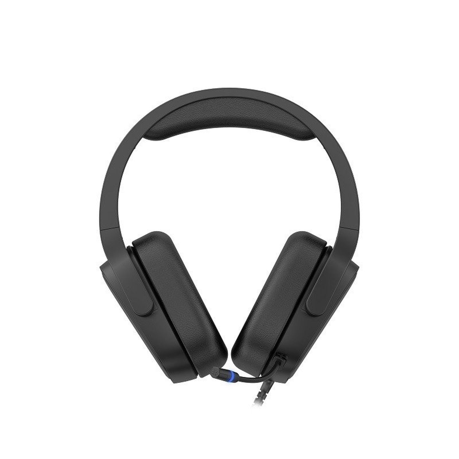 Schwarze Over-Ear-Kopfhörer. Die Ohrmuscheln und der Kopfbügel sind schwarz. Ein Kabel mit blauem Ende geht vom linken Hörer aus.