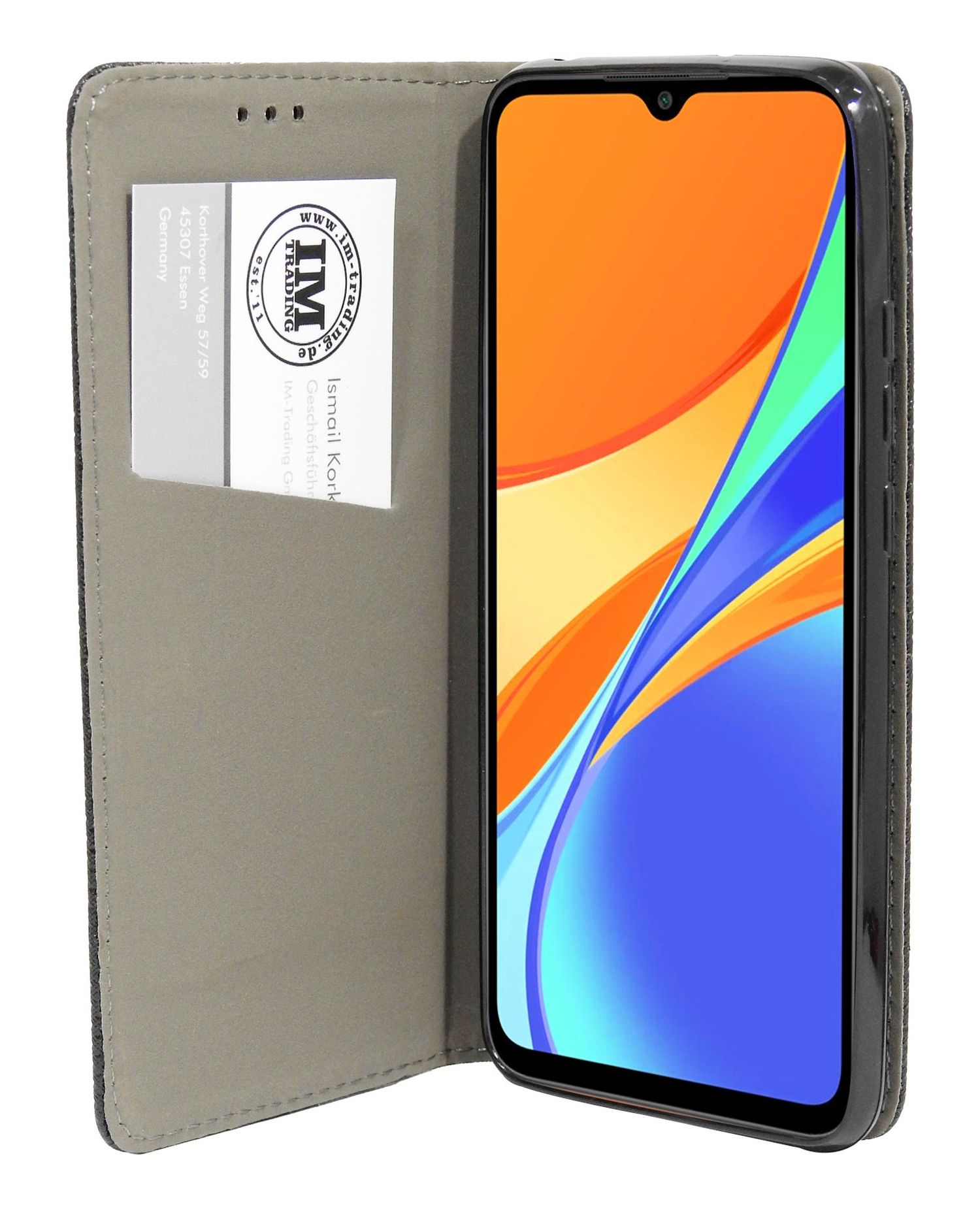 Telefono in una custodia a portafoglio, che mostra lo schermo e lo slot per schede.