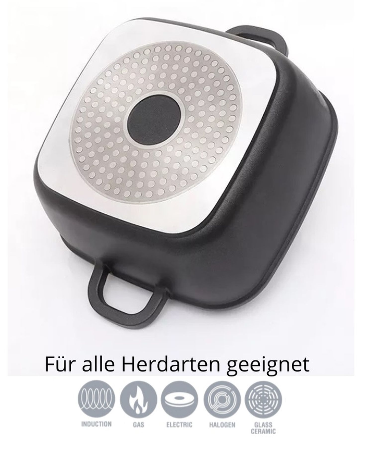 Schwarze quadratische Pfanne mit silbernem Boden, Icons und Text.