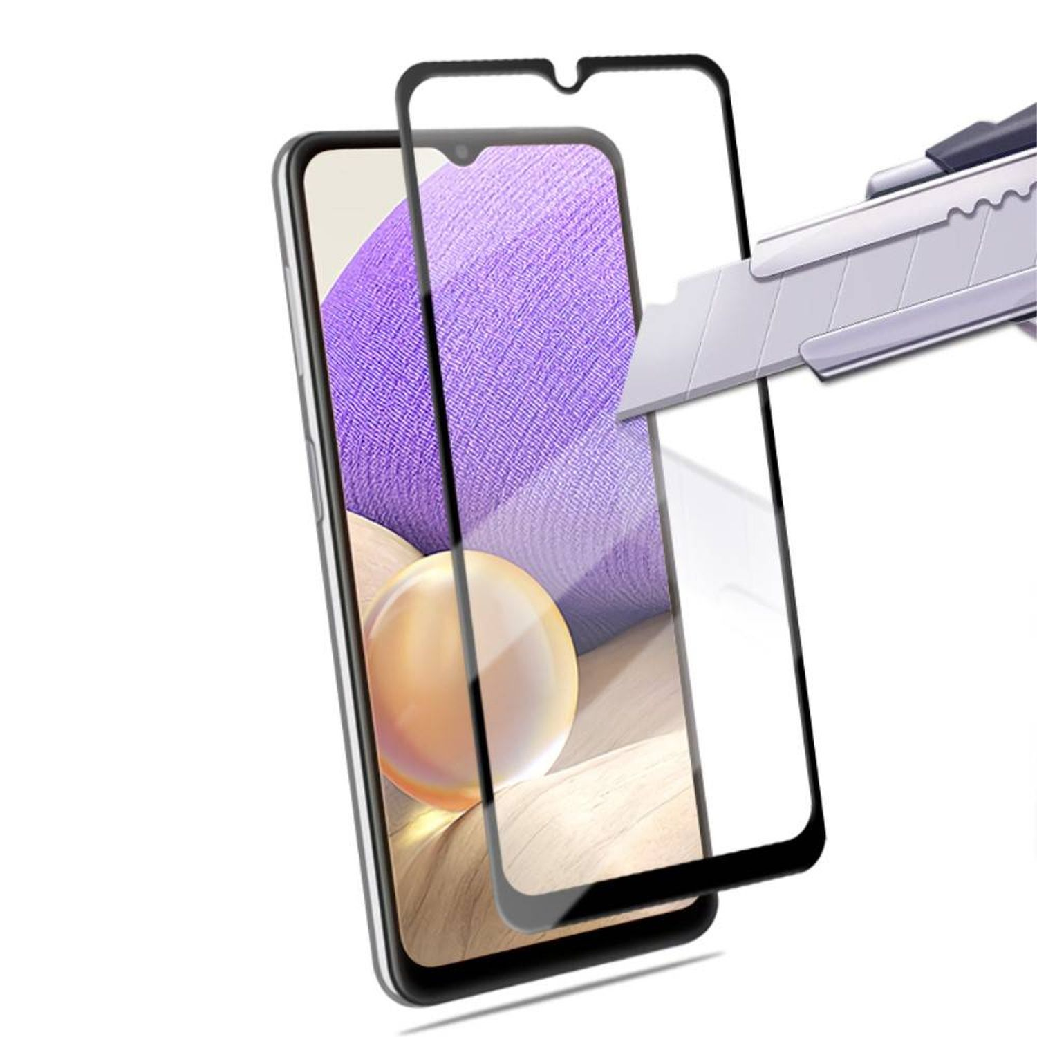 Smartphone mit angebrachtem Displayschutz. Ein Teppichmesser wird verwendet. Das Telefon hat einen bunten Bildschirm.