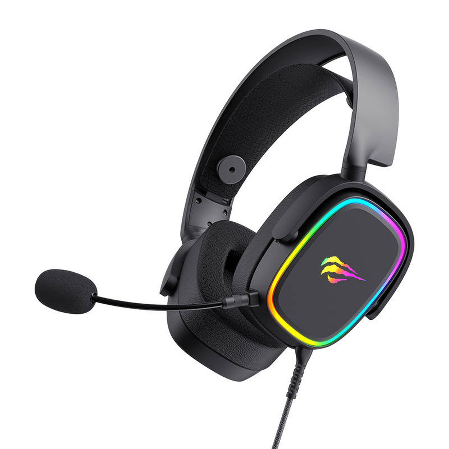 Schwarzes Gaming-Headset mit Mikrofon und RGB-Beleuchtung an den Ohrmuscheln.