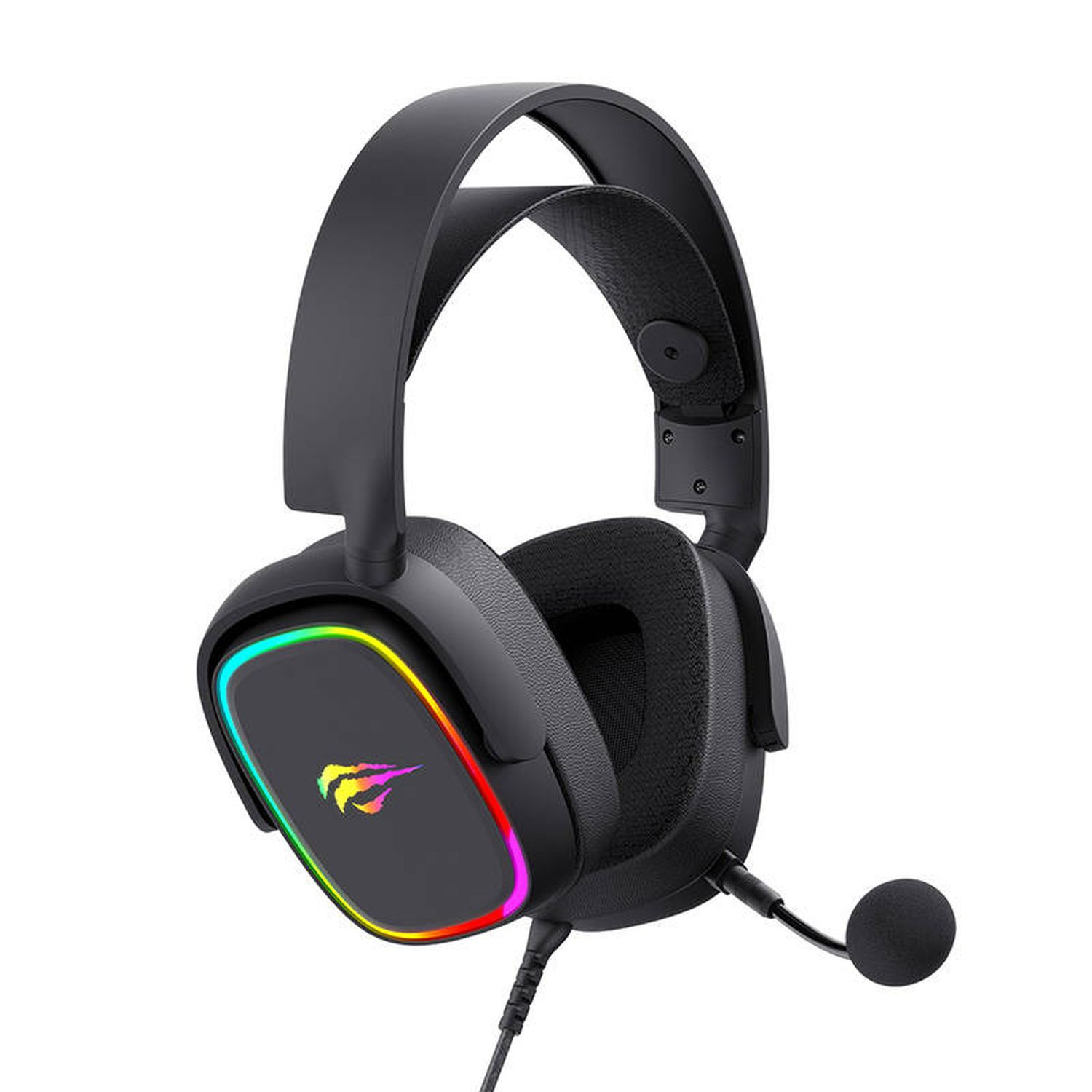 Schwarzes Gaming-Headset mit farbigen Lichtern an den Ohrmuscheln und einem Mikrofon.