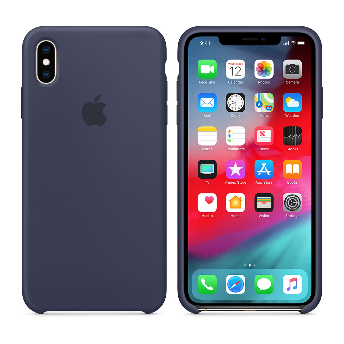 iPhone dans un étui bleu foncé. L'écran du téléphone est allumé, affichant des icônes d'applications.