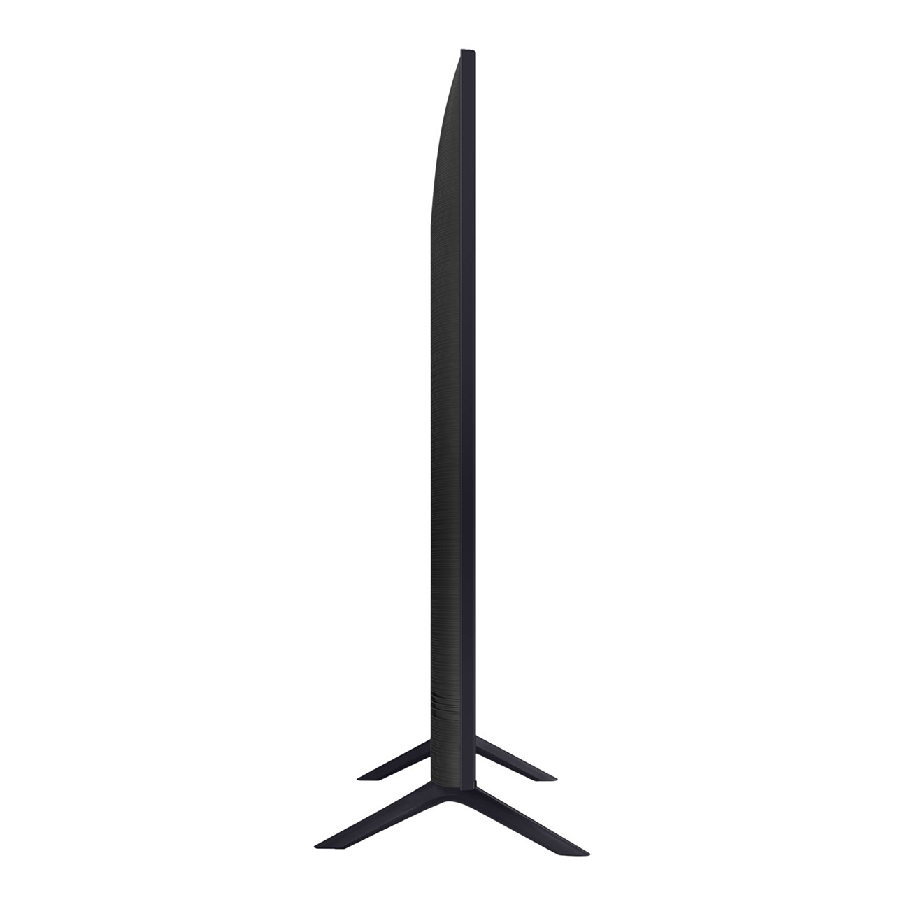 Czarny telewizor, widok z boku, z czarną podstawą, na białym tle.