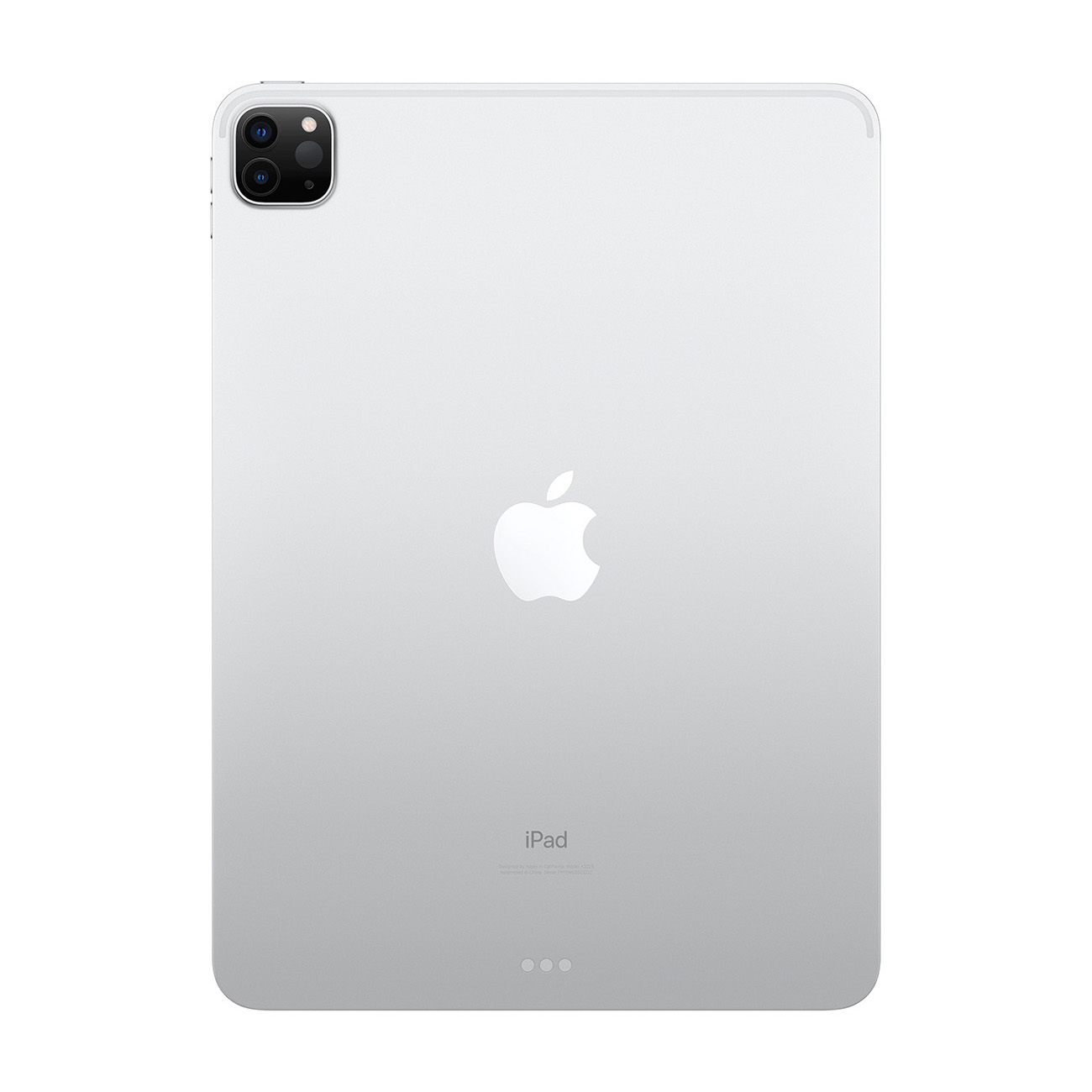 Rückseite eines silbernen iPads mit Apple-Logo und Kamera. Weiße Hintergrund.