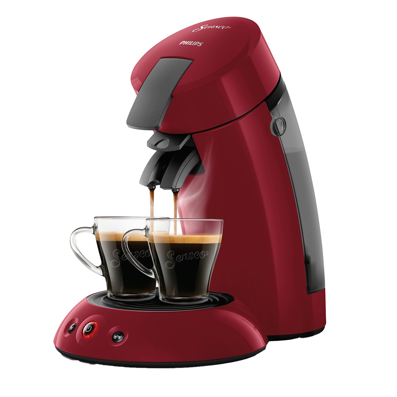 Macchina da caffè rossa che versa caffè in due tazze di vetro.