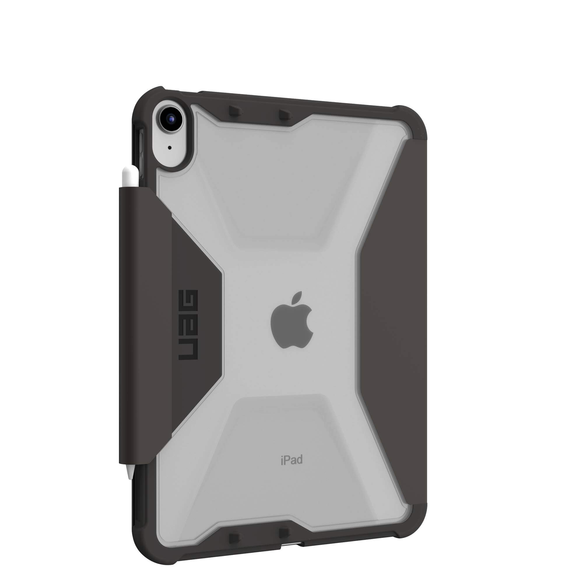 Szary iPad z czarnym etui ochronnym i ołówkiem. Jest ustawiony pod kątem na białym tle.