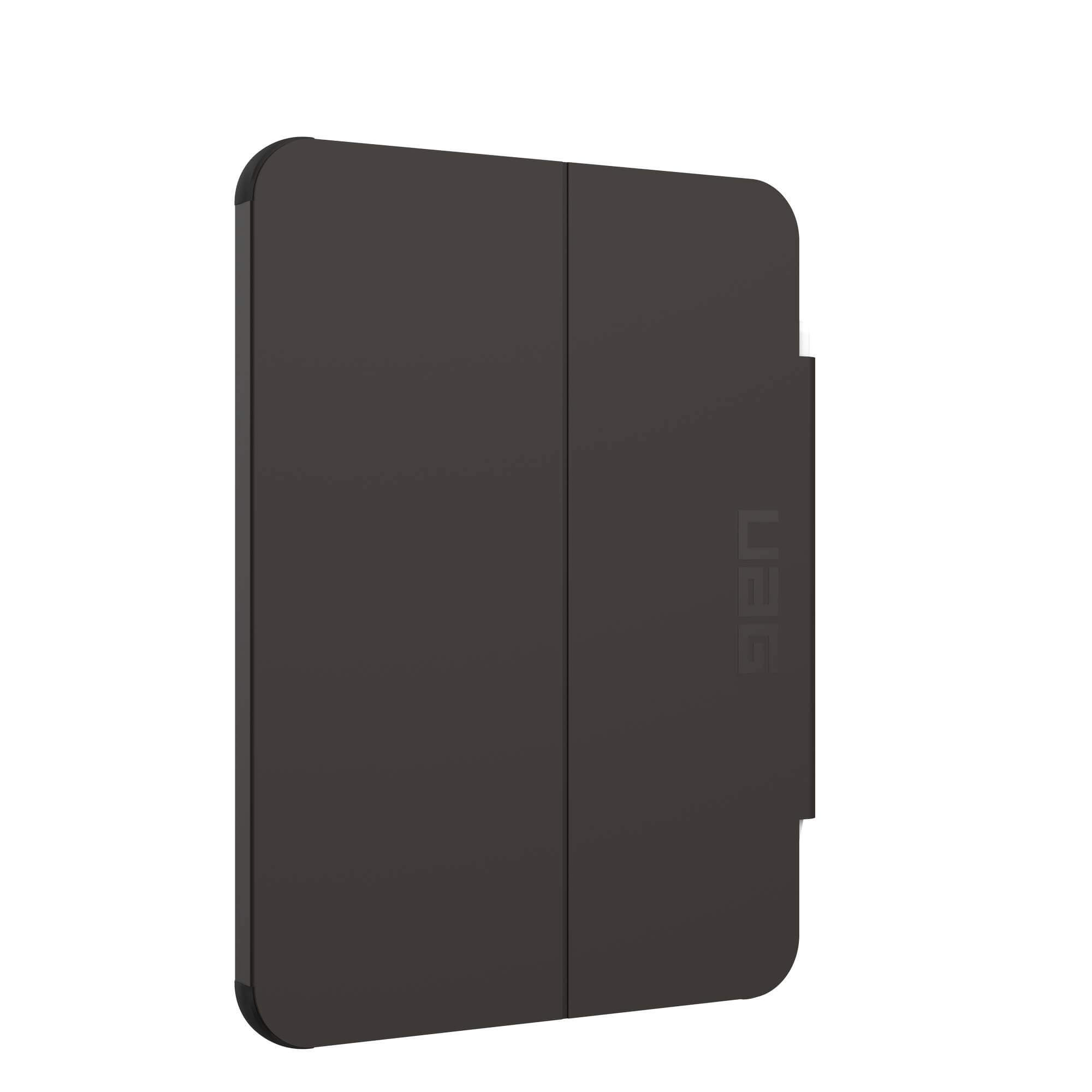 Czarne etui na telefon z magnetyczną klapką. Logo UAG widoczne po prawej stronie.