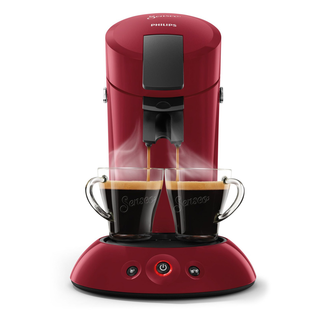 Macchina da caffè Philips Senseo rossa e nera. Due tazze di vetro sotto. Sfondo bianco.