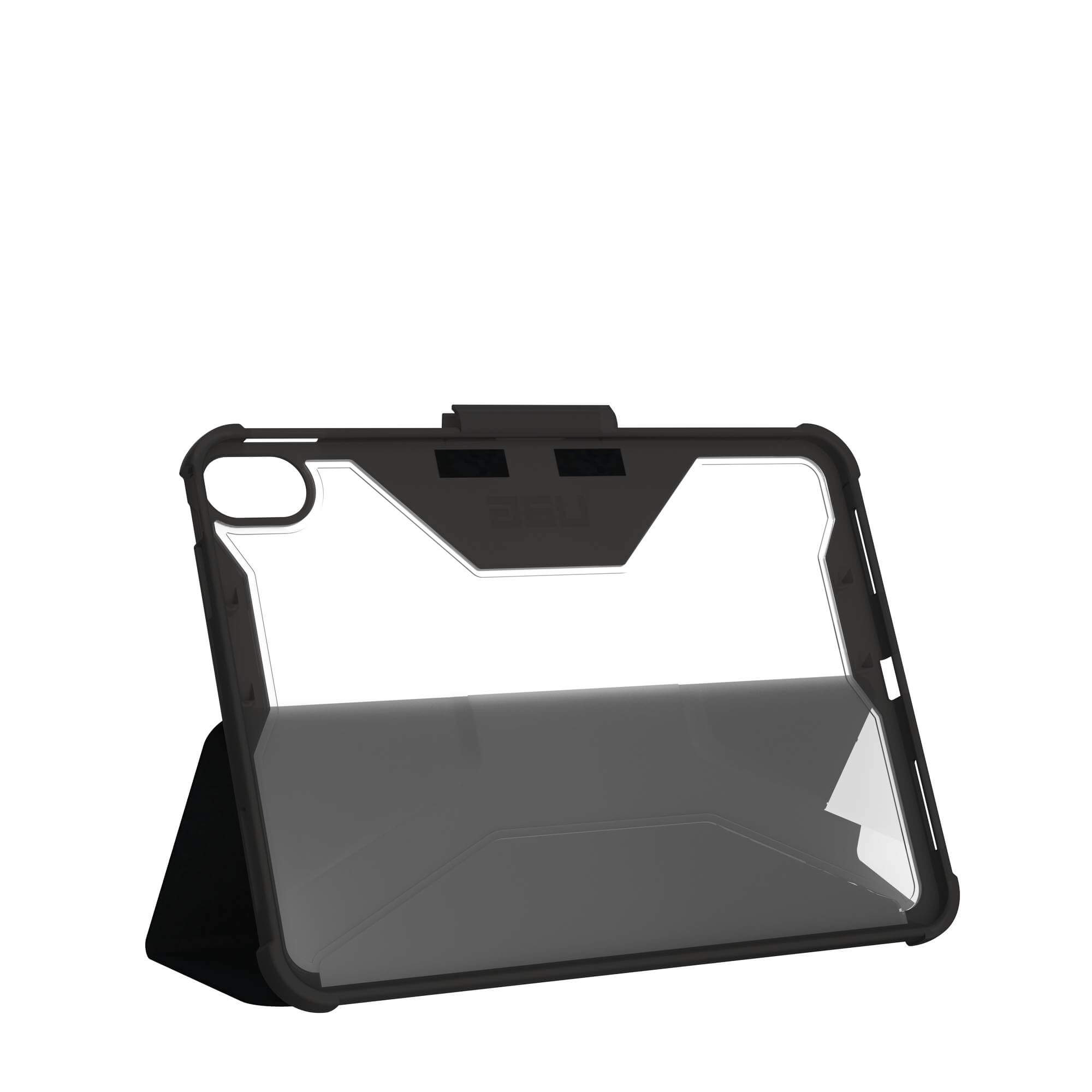 Czarny i przezroczysty futerał ochronny na tablet, ze stojakiem. Obudowa ma wytrzymałą konstrukcję.