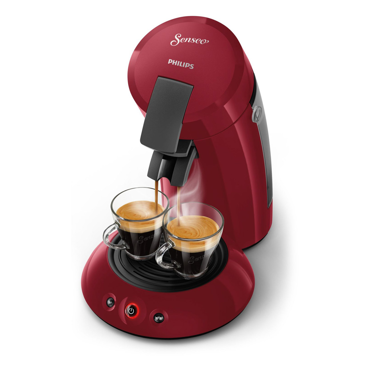 Una macchina da caffè Philips Senseo rossa. Due tazze trasparenti vengono riempite di caffè.
