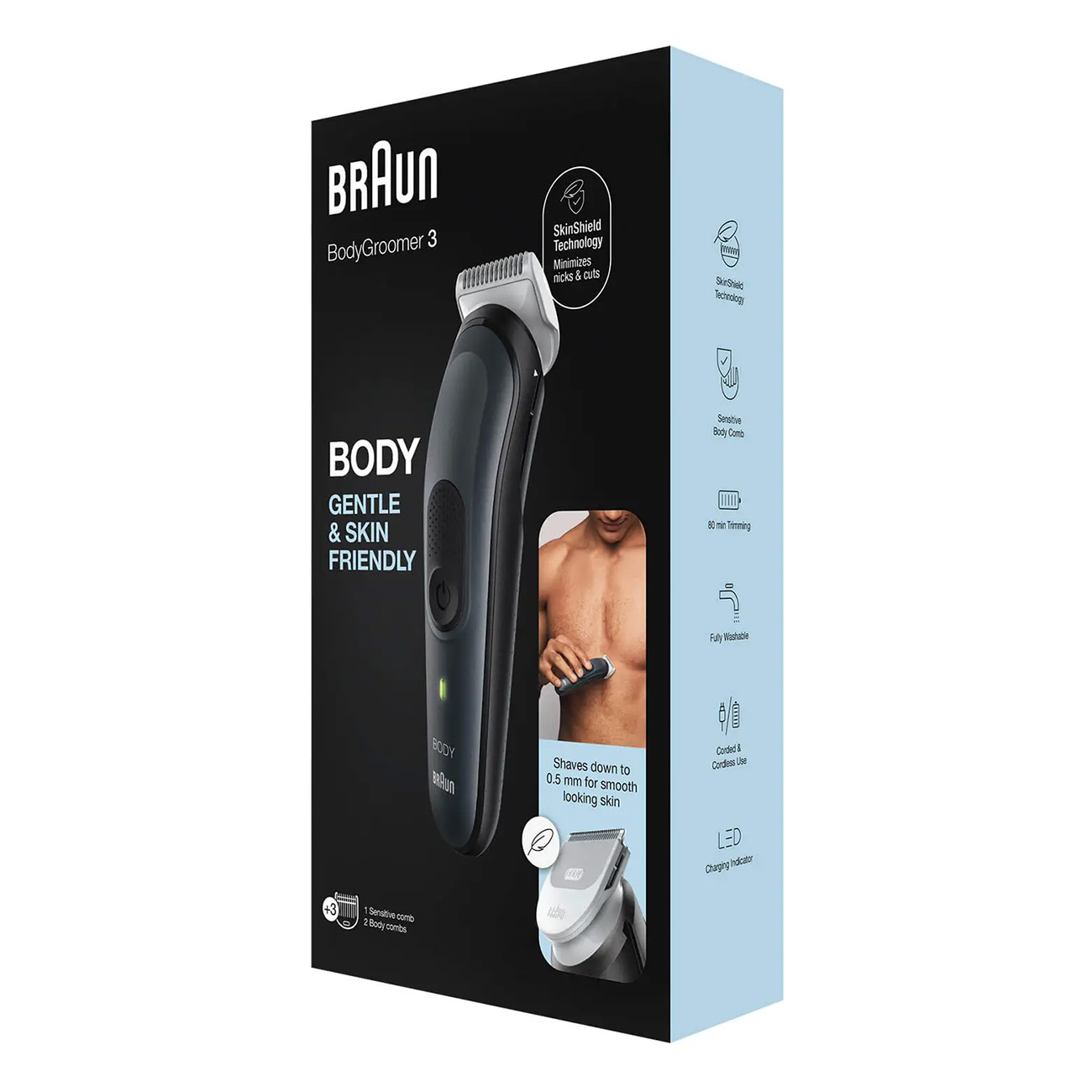 Braun BodyGroomer 3 Box mit Produkt und Funktionen. Schwarzer und grauer Trimmer, weißer Hintergrund.