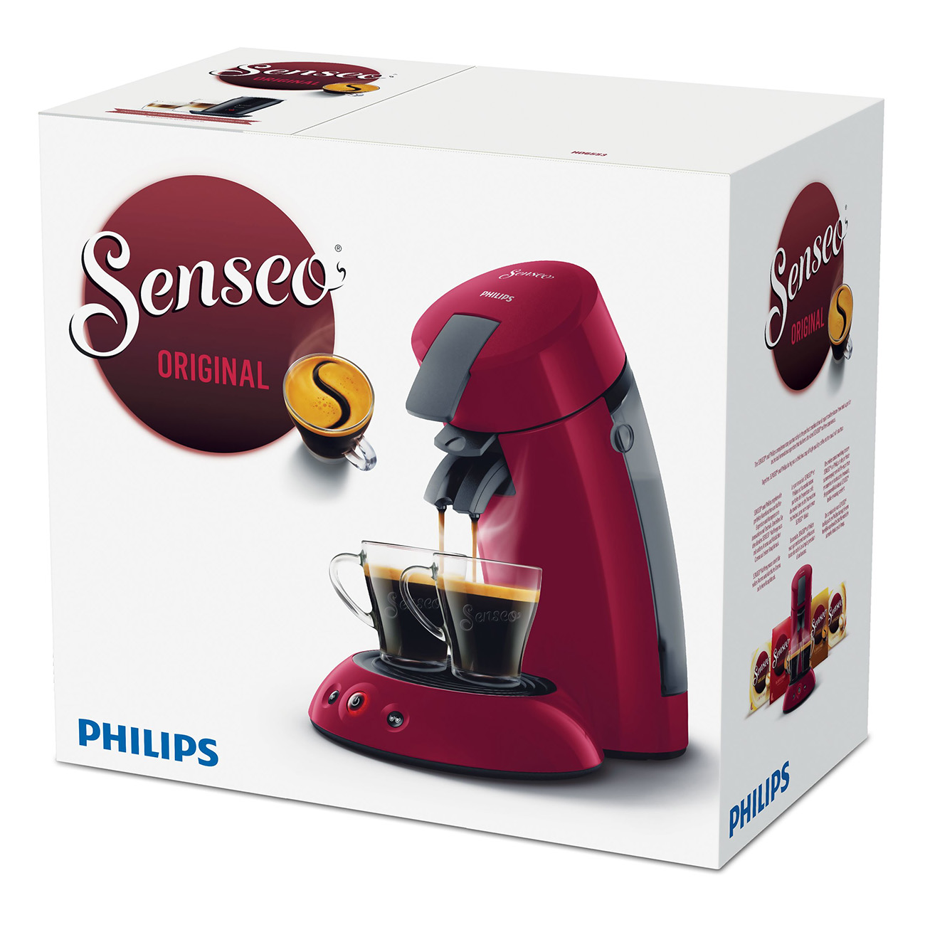 Macchina da caffè Senseo rossa con due tazze di caffè e una scatola sullo sfondo.