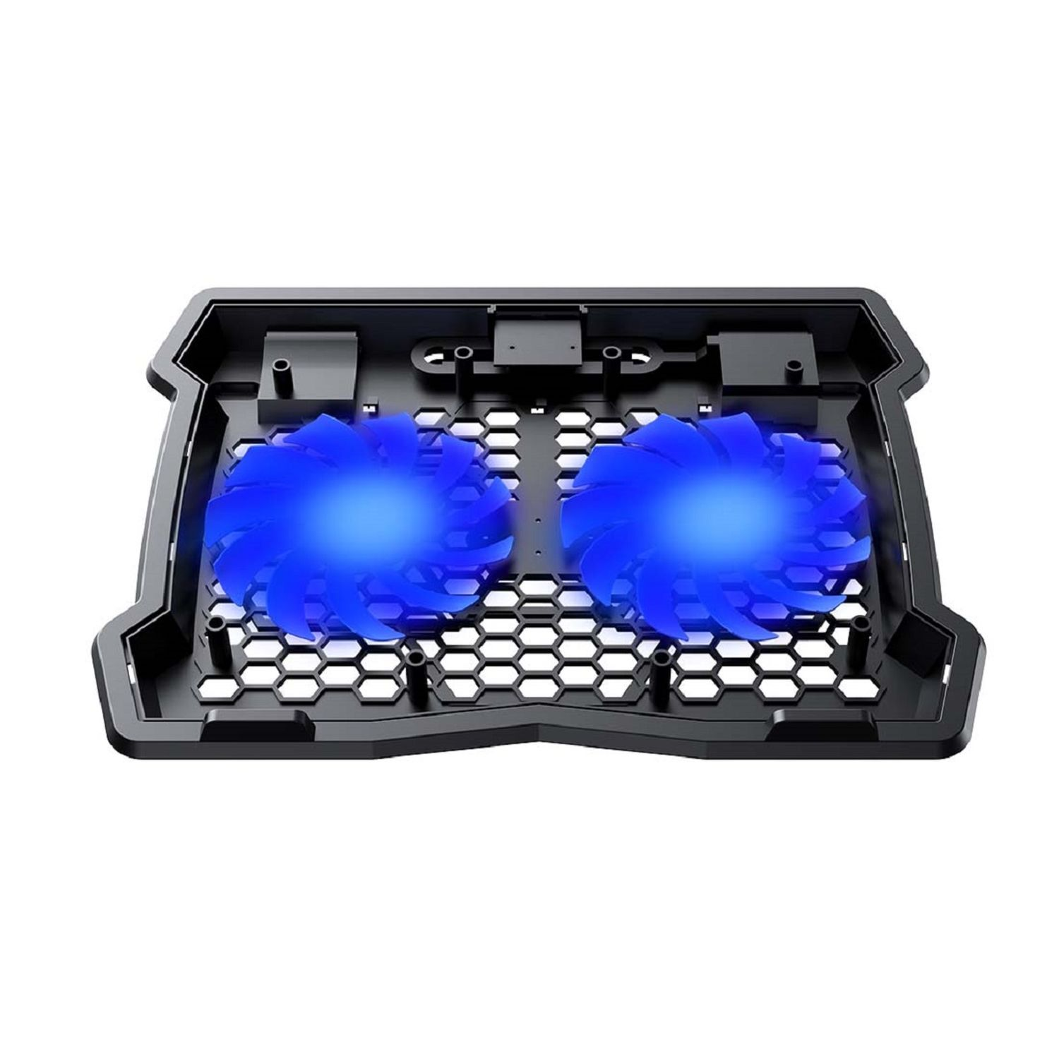 Ein schwarzer Laptop-Kühler mit zwei blau leuchtenden Lüftern auf weißem Hintergrund.