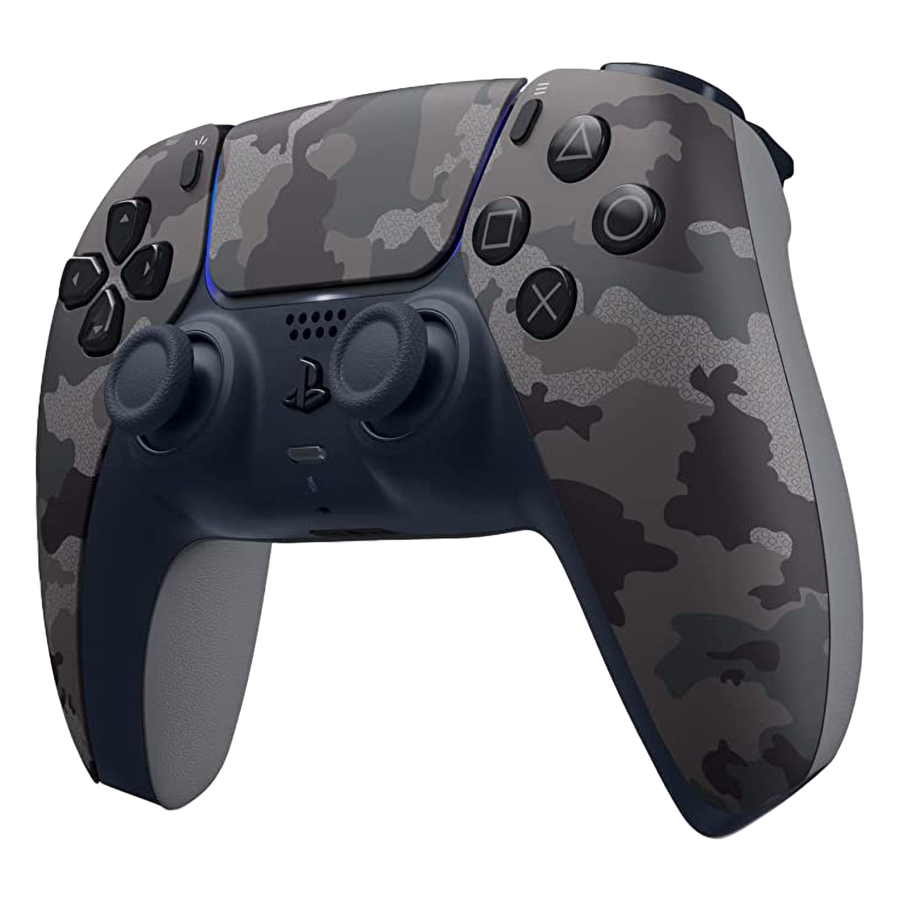 Grijze en camouflage patroon PS5 controller. Heeft zwarte knoppen en blauwe lichten.