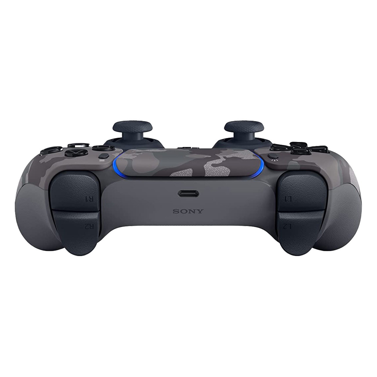 Grijze en camouflage PS5-controller. Bovenaanzicht, met knoppen en joysticks zichtbaar.