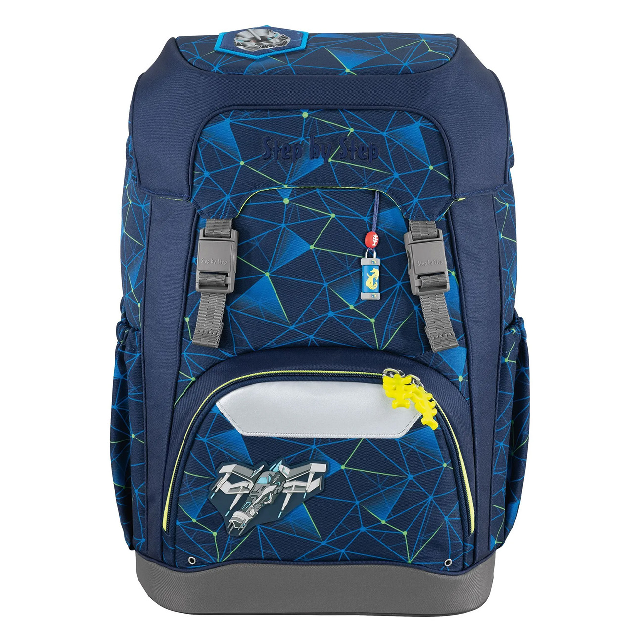 Marineblauer Rucksack mit geometrischem Muster und Flugzeuggrafik.