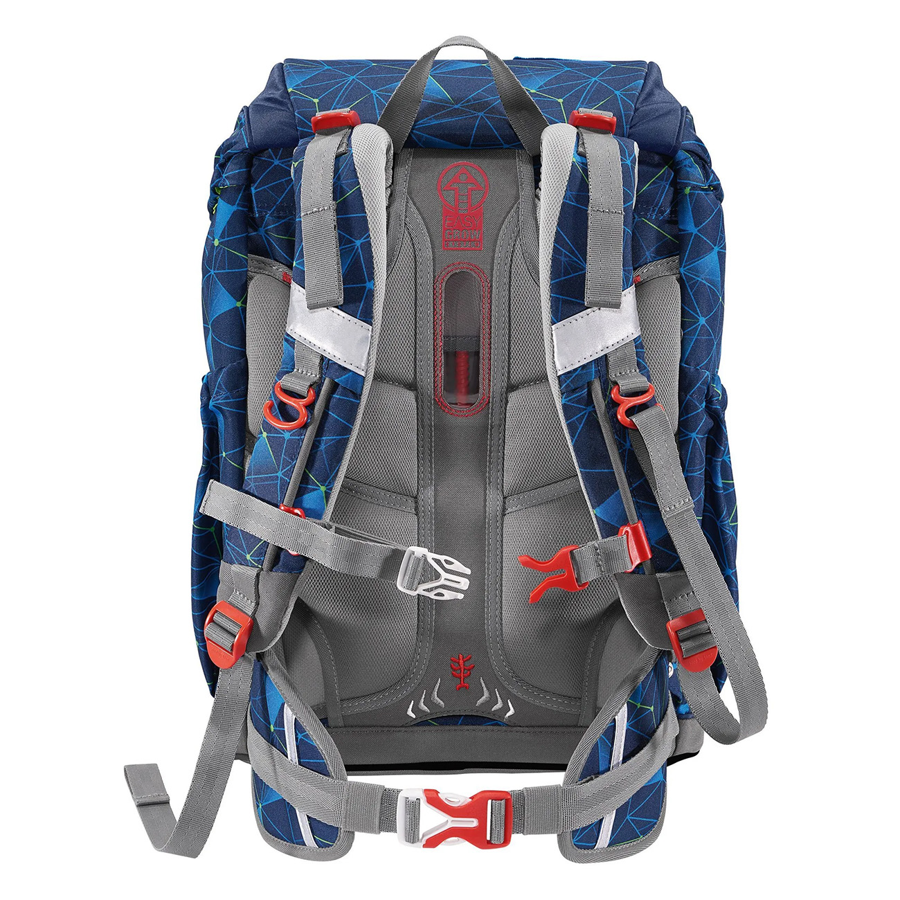 Blauer Rucksack mit roten Trägern und Schnallen. Er hat ein geometrisches Muster.