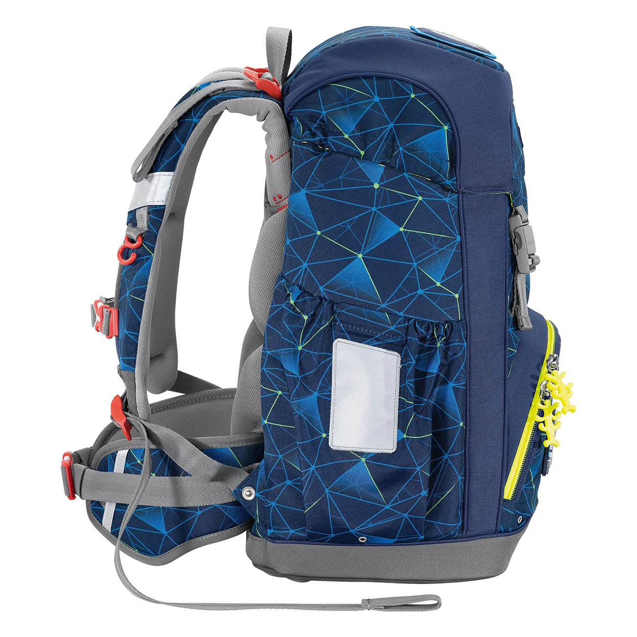 Blauer geometrischer Rucksack mit gelbem Reißverschluss und reflektierenden Details. Weißer Hintergrund.